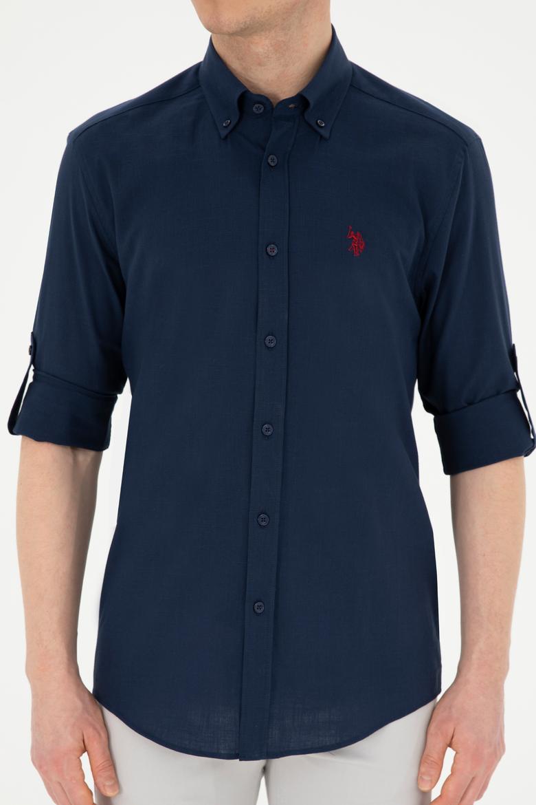 Erkek Keten Görünümlü Lacivert Basic Gömlek - 50288648133