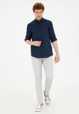 Erkek Keten Görünümlü Lacivert Basic Gömlek - 50288648133