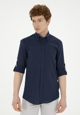 Erkek Keten Görünümlü Lacivert Basic Gömlek - 50288648133