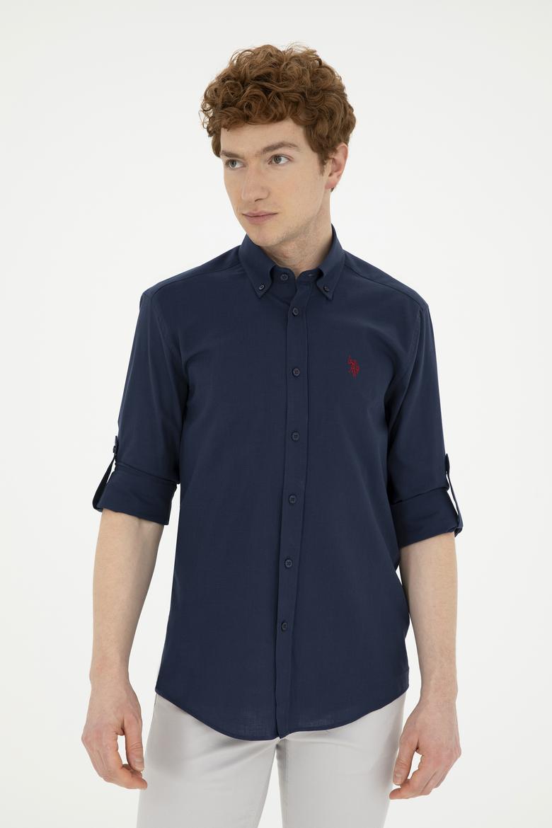 Erkek Keten Görünümlü Lacivert Basic Gömlek - 50288648133