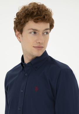 Erkek Keten Görünümlü Lacivert Basic Gömlek - 50288648133