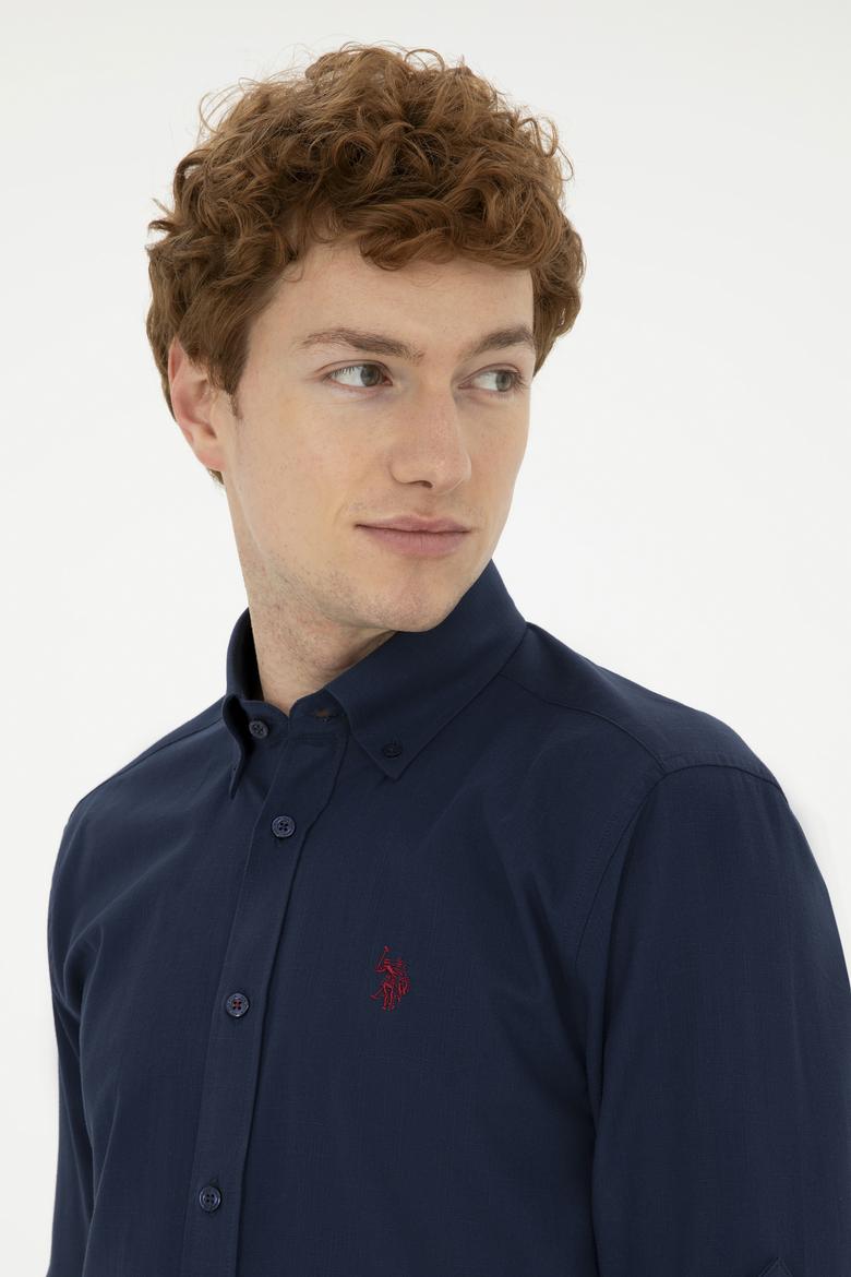 Erkek Keten Görünümlü Lacivert Basic Gömlek - 50288648133