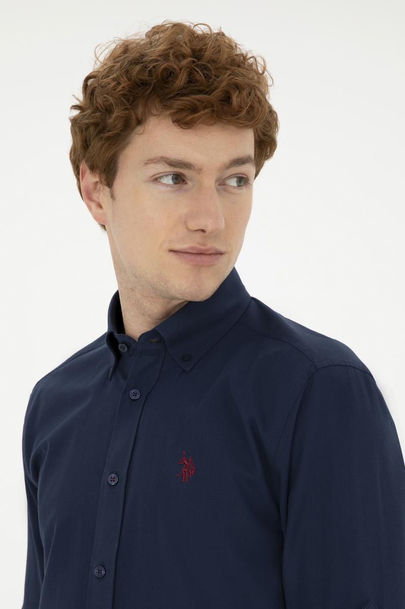 Erkek Keten Görünümlü Lacivert Basic Gömlek