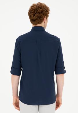 Erkek Keten Görünümlü Lacivert Basic Gömlek - 50288648133