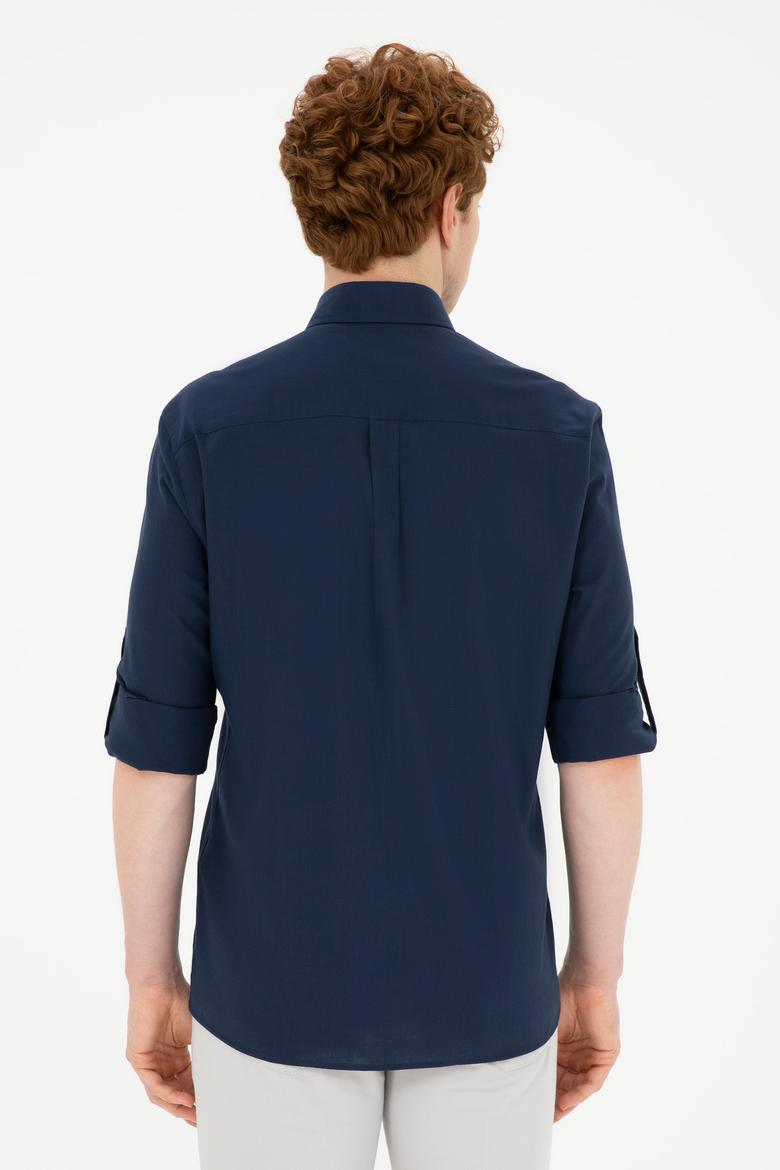 Erkek Keten Görünümlü Lacivert Basic Gömlek - 50288648133