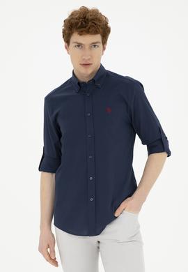 Erkek Keten Görünümlü Lacivert Basic Gömlek - 50288648133