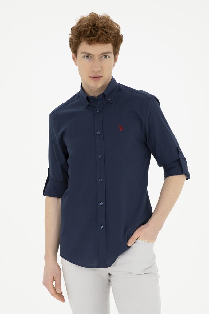 Erkek Keten Görünümlü Lacivert Basic Gömlek