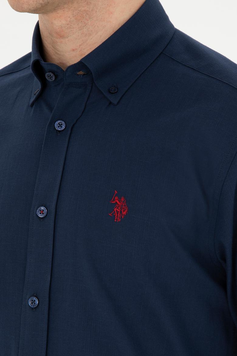 Erkek Keten Görünümlü Lacivert Basic Gömlek - 50288648133