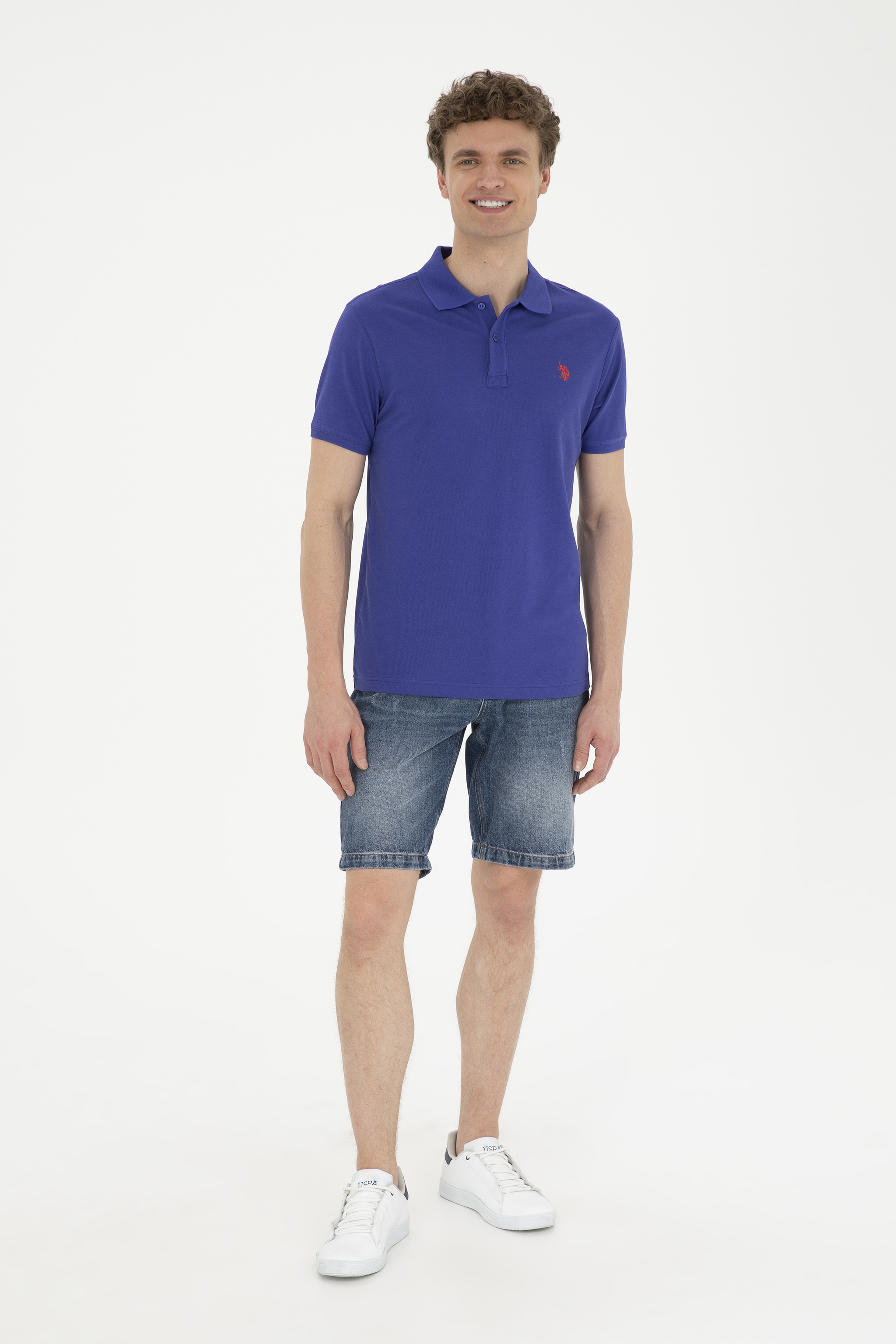 Erkek Slim Fit Polo Yaka Mavi Basic Tişört - Image 4