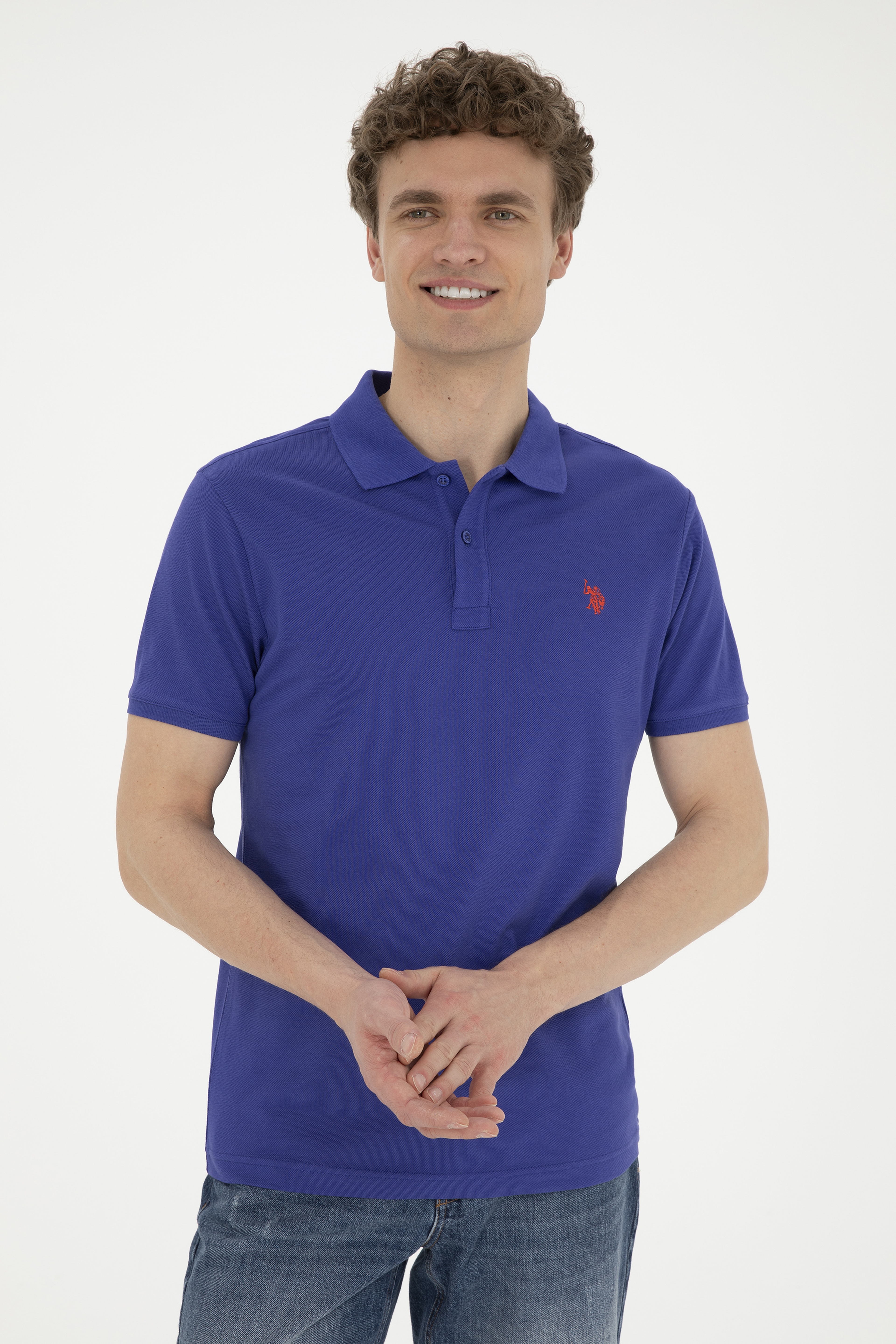 Erkek Slim Fit Polo Yaka Mavi Basic Tişört - Image 3