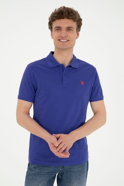 Erkek Slim Fit Polo Yaka Mavi Basic Tişört