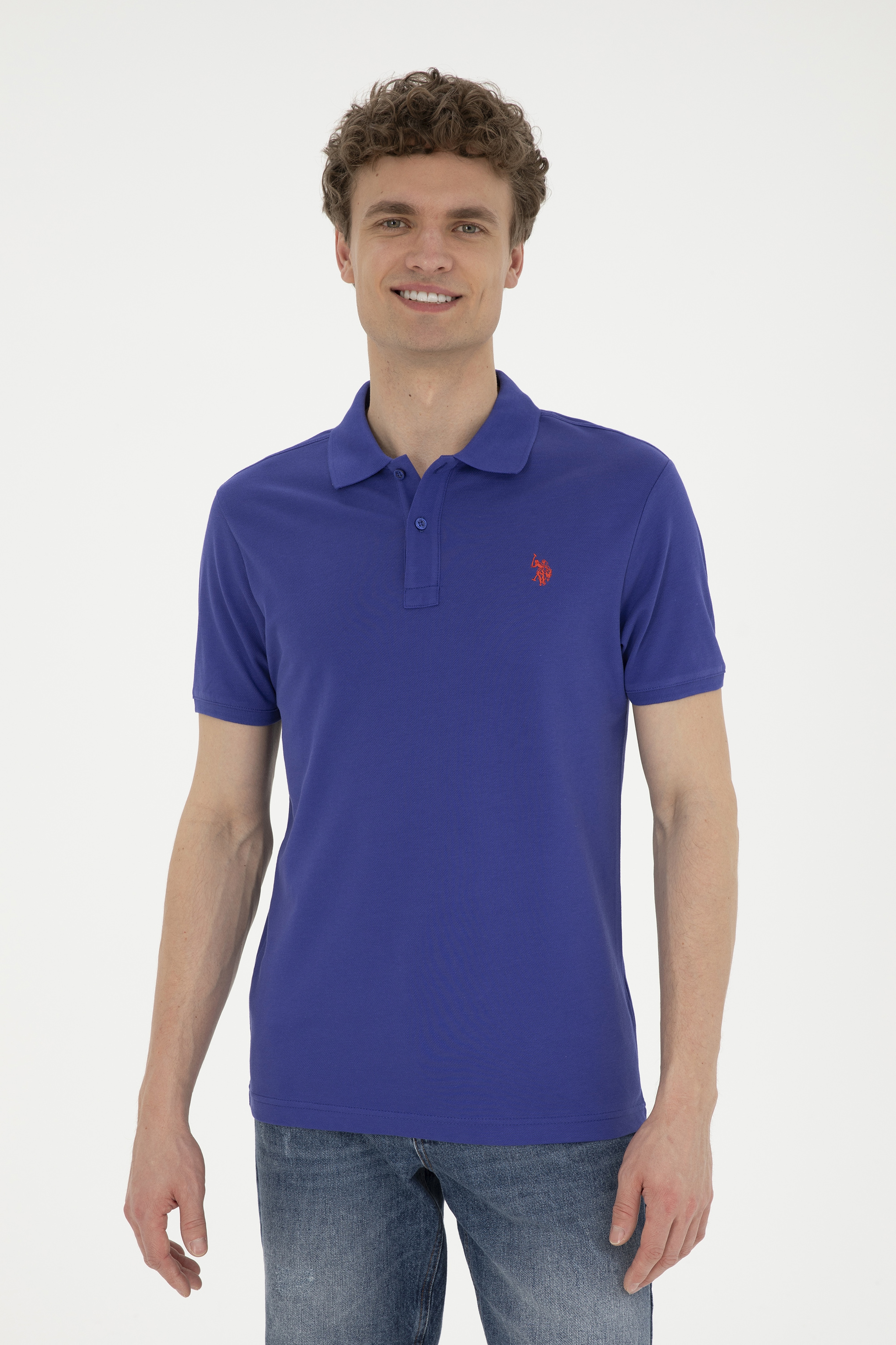 Erkek Slim Fit Polo Yaka Mavi Basic Tişört - Image 1