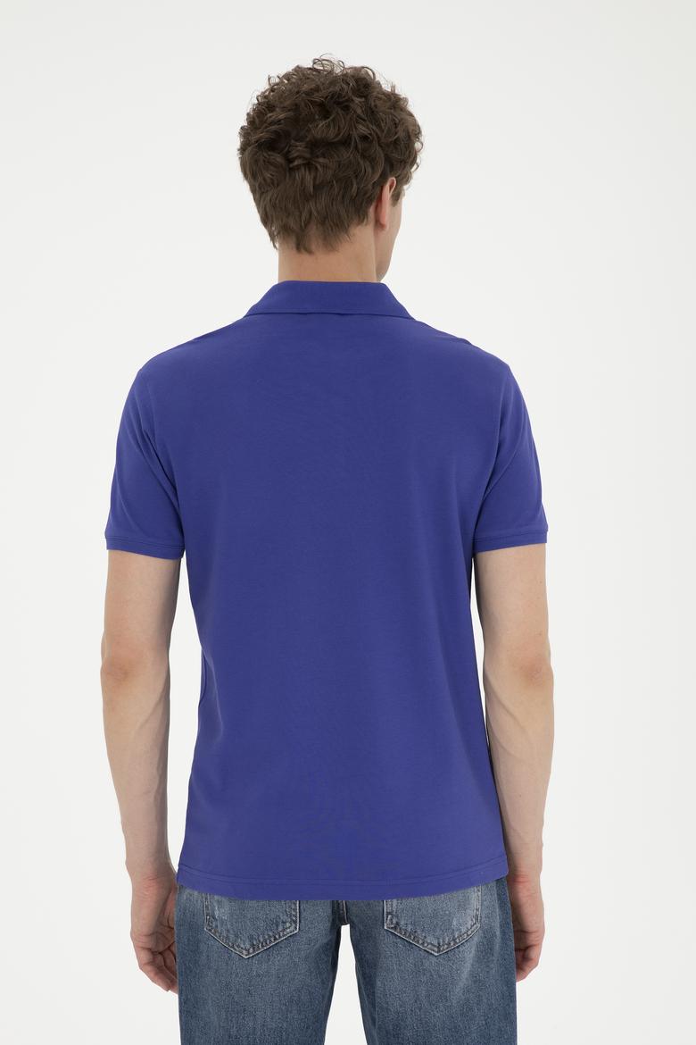 Erkek Slim Fit Polo Yaka Mavi Basic Tişört - 50279573367