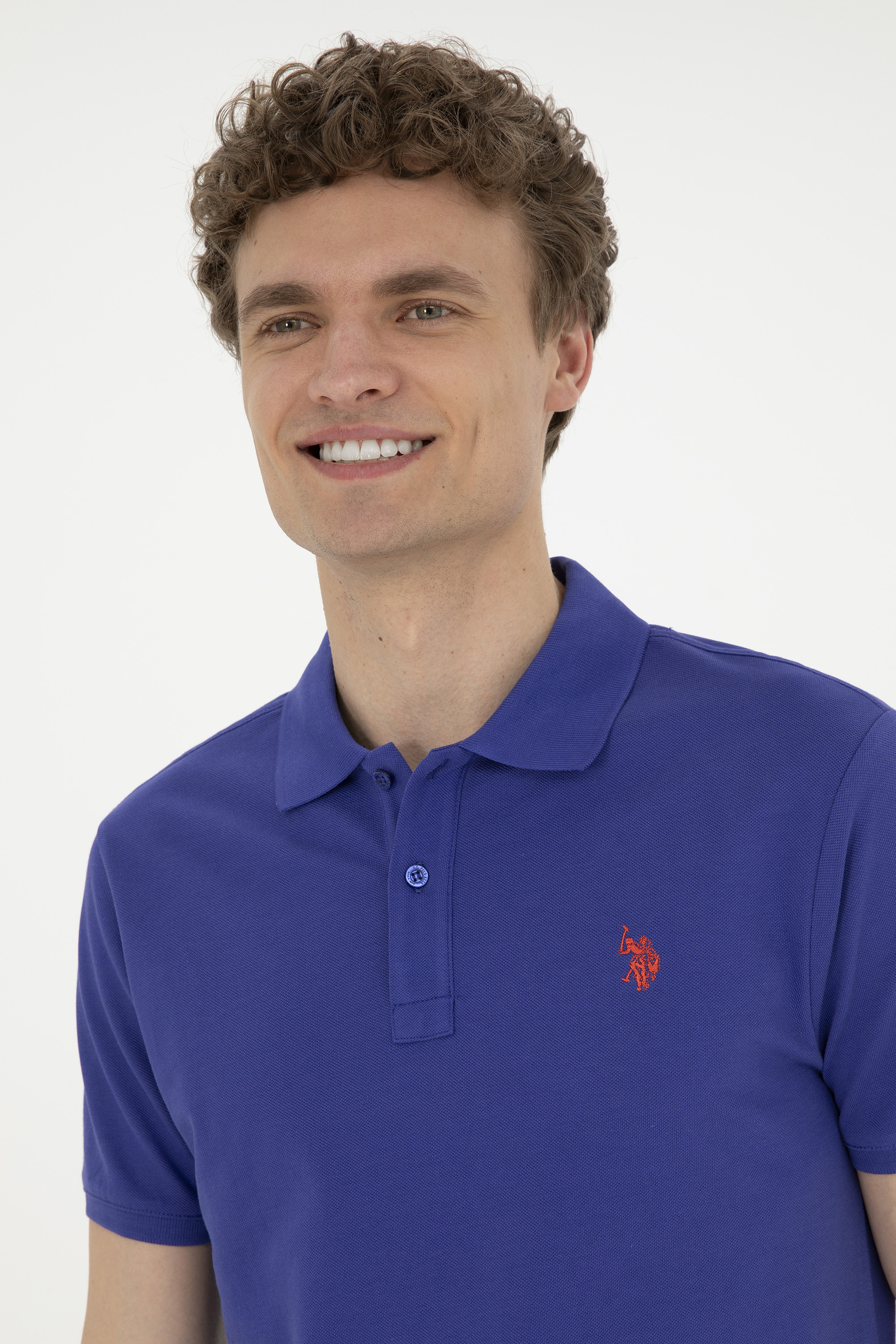 Erkek Slim Fit Polo Yaka Mavi Basic Tişört - Image 2