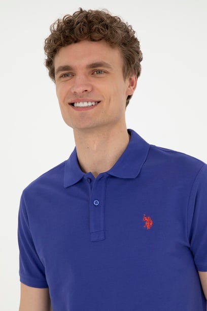 Erkek Slim Fit Polo Yaka Mavi Basic Tişört