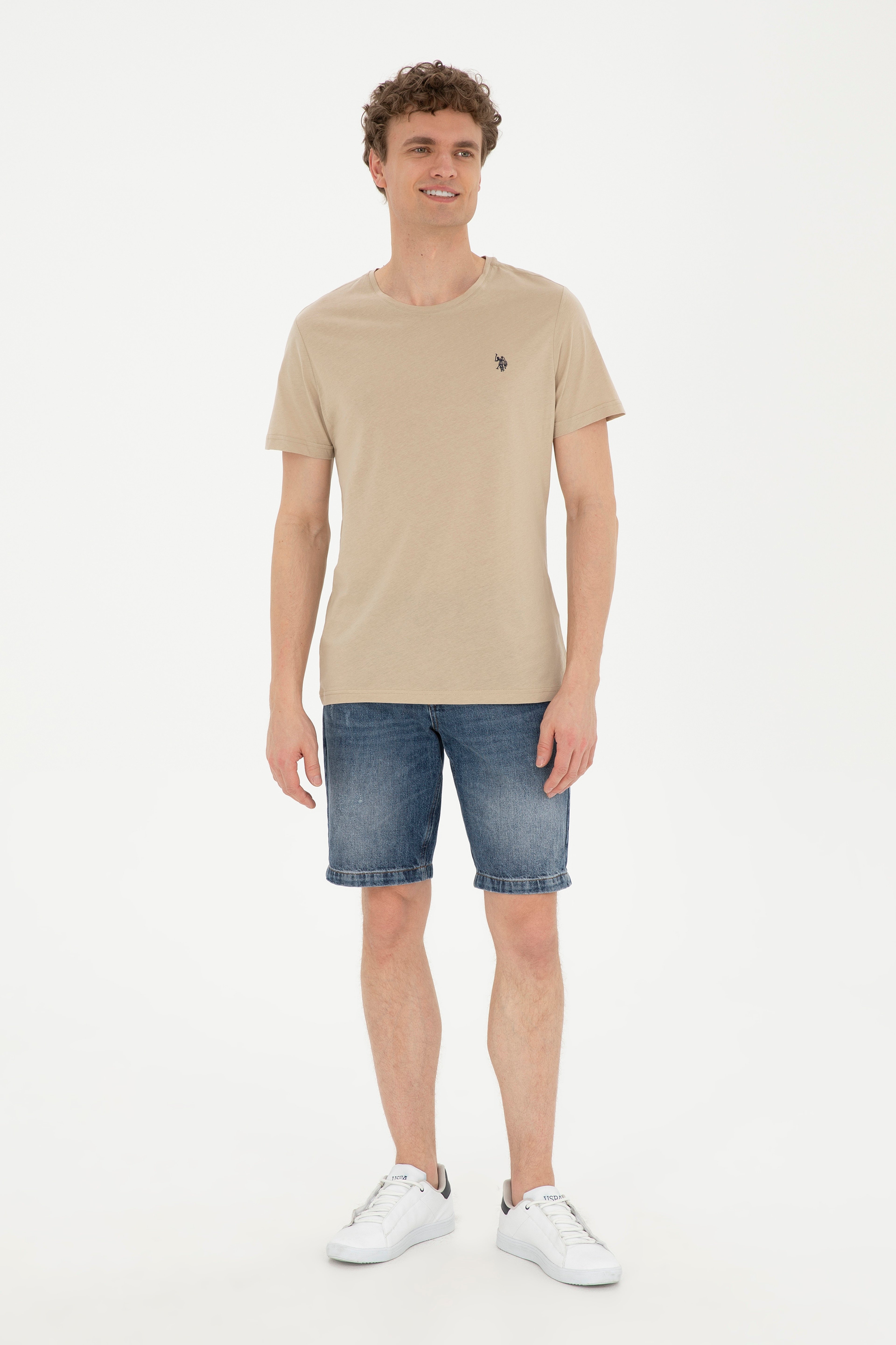 Erkek Regular Fit Bisiklet Yaka Açık Haki Basic Tişört