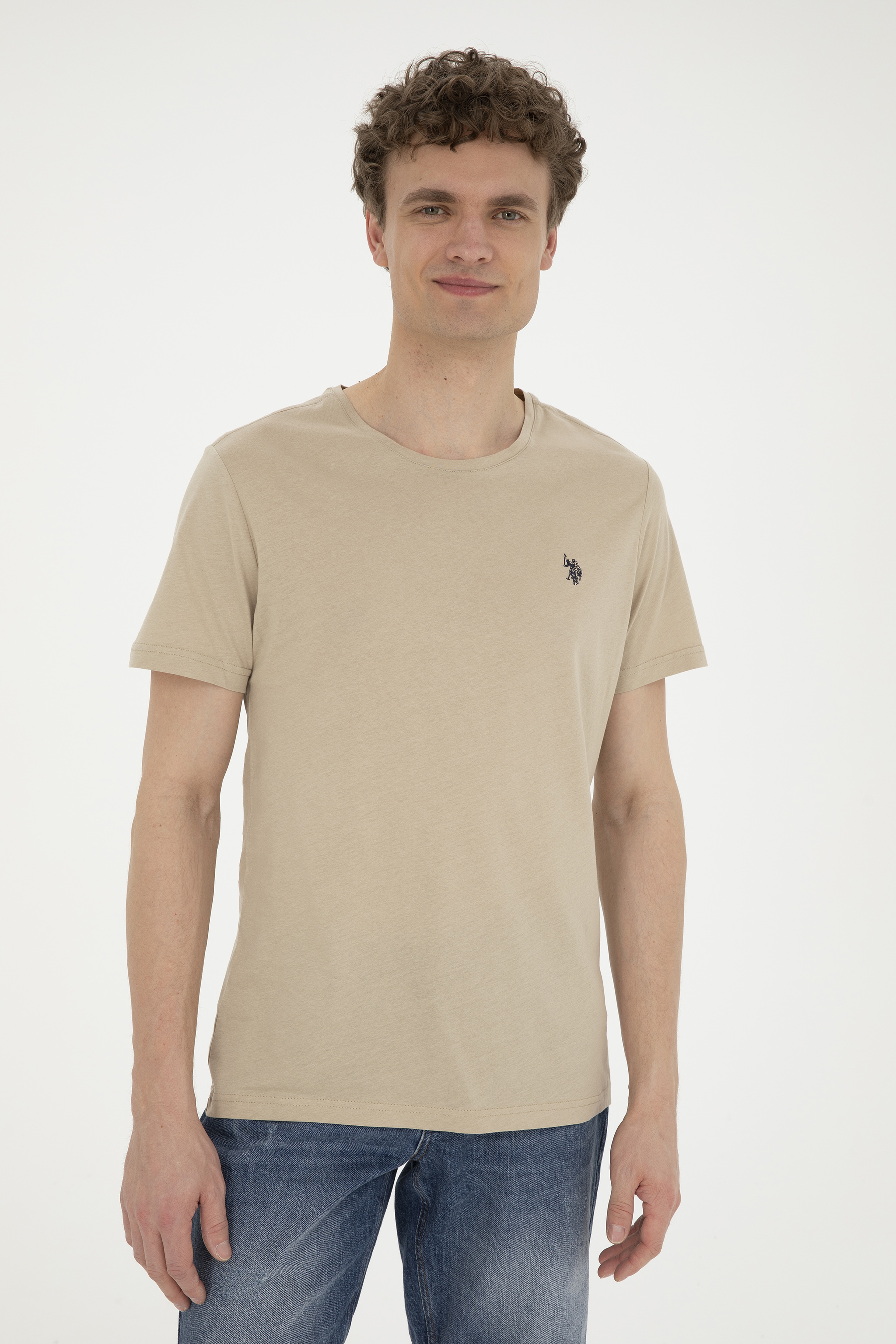 Erkek Regular Fit Bisiklet Yaka Açık Haki Basic Tişört