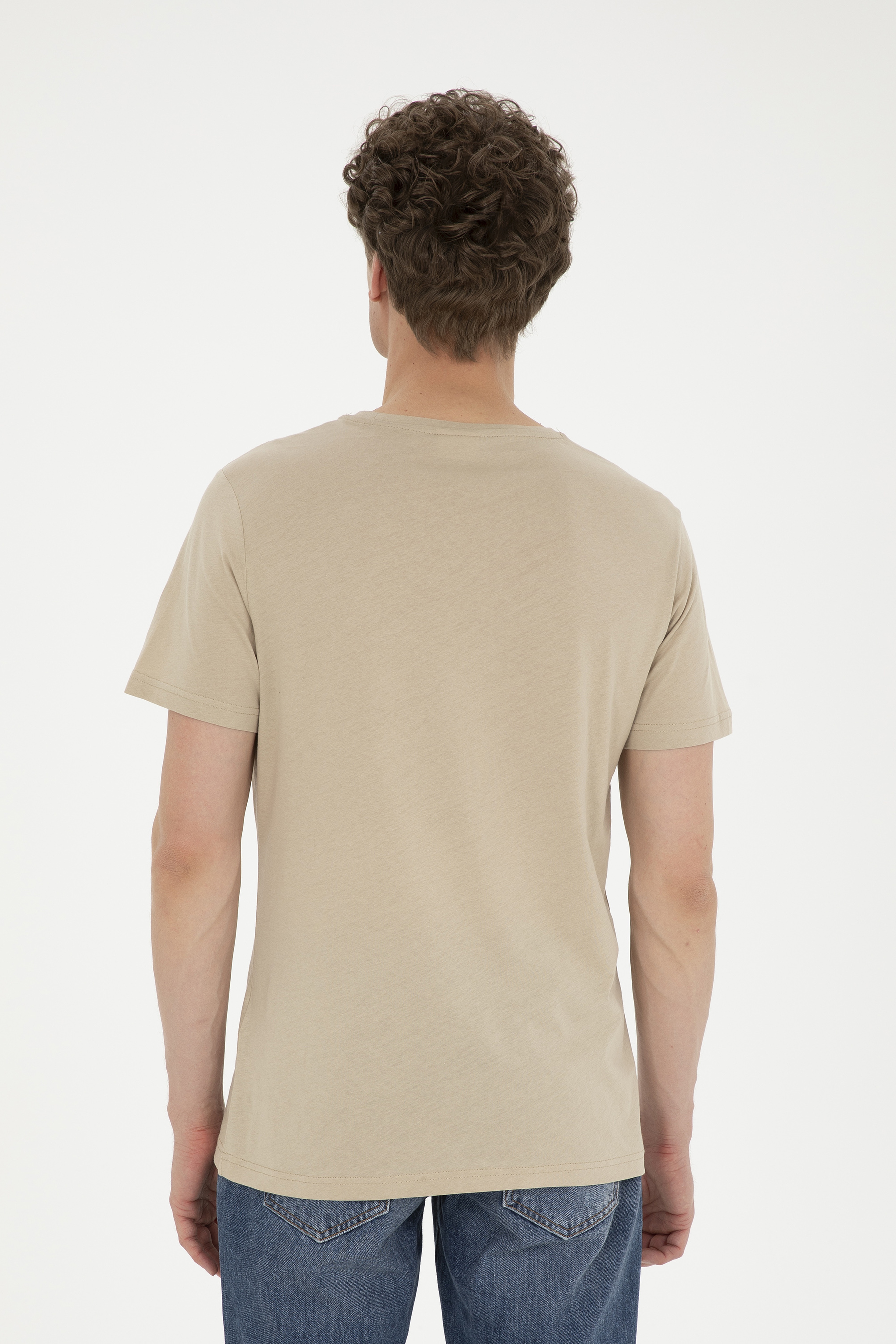 Erkek Regular Fit Bisiklet Yaka Açık Haki Basic Tişört - Image 5