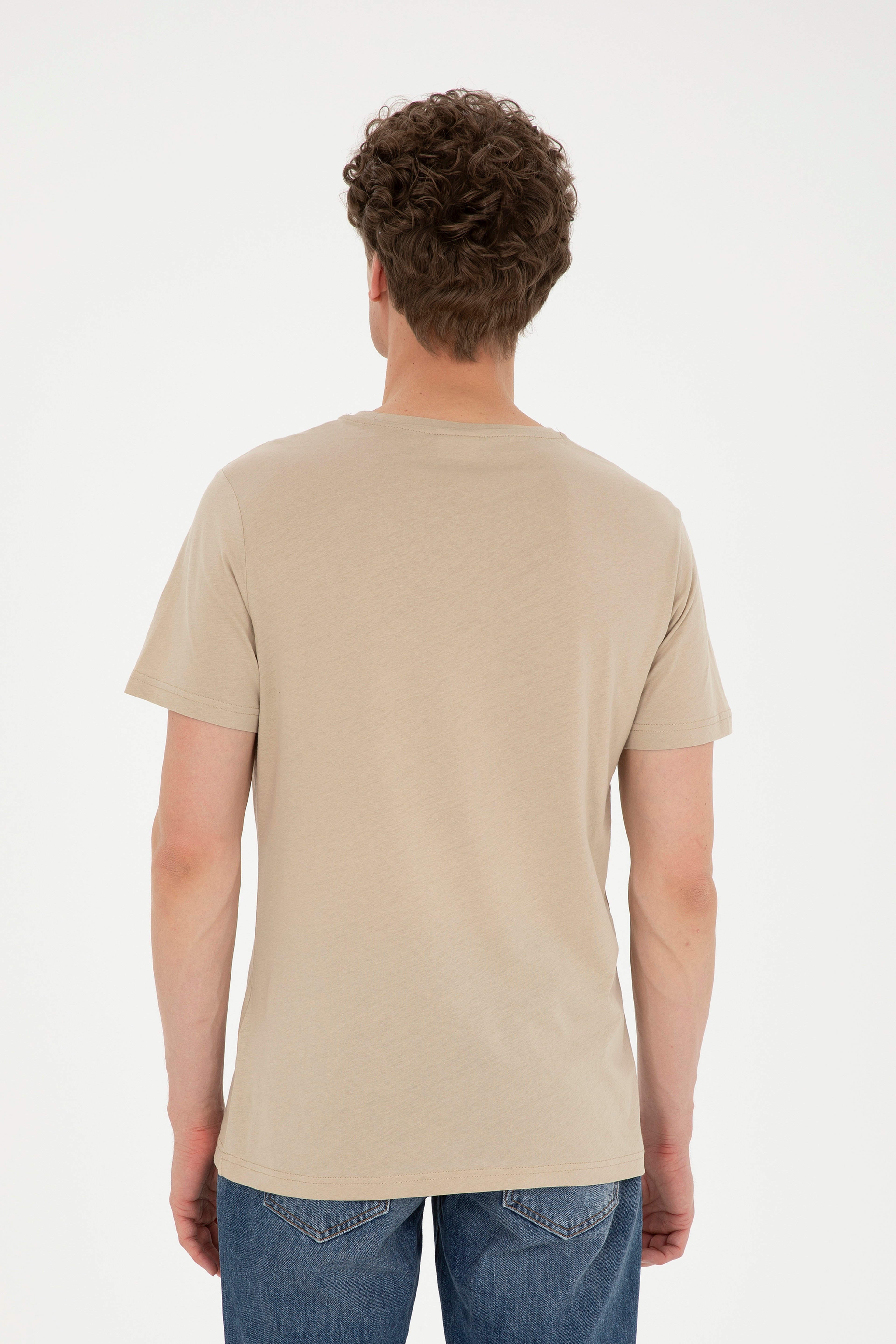 Erkek Regular Fit Bisiklet Yaka Açık Haki Basic Tişört