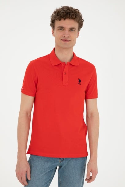 Erkek Slim Fit Polo Yaka Kırmızı Basic Tişört