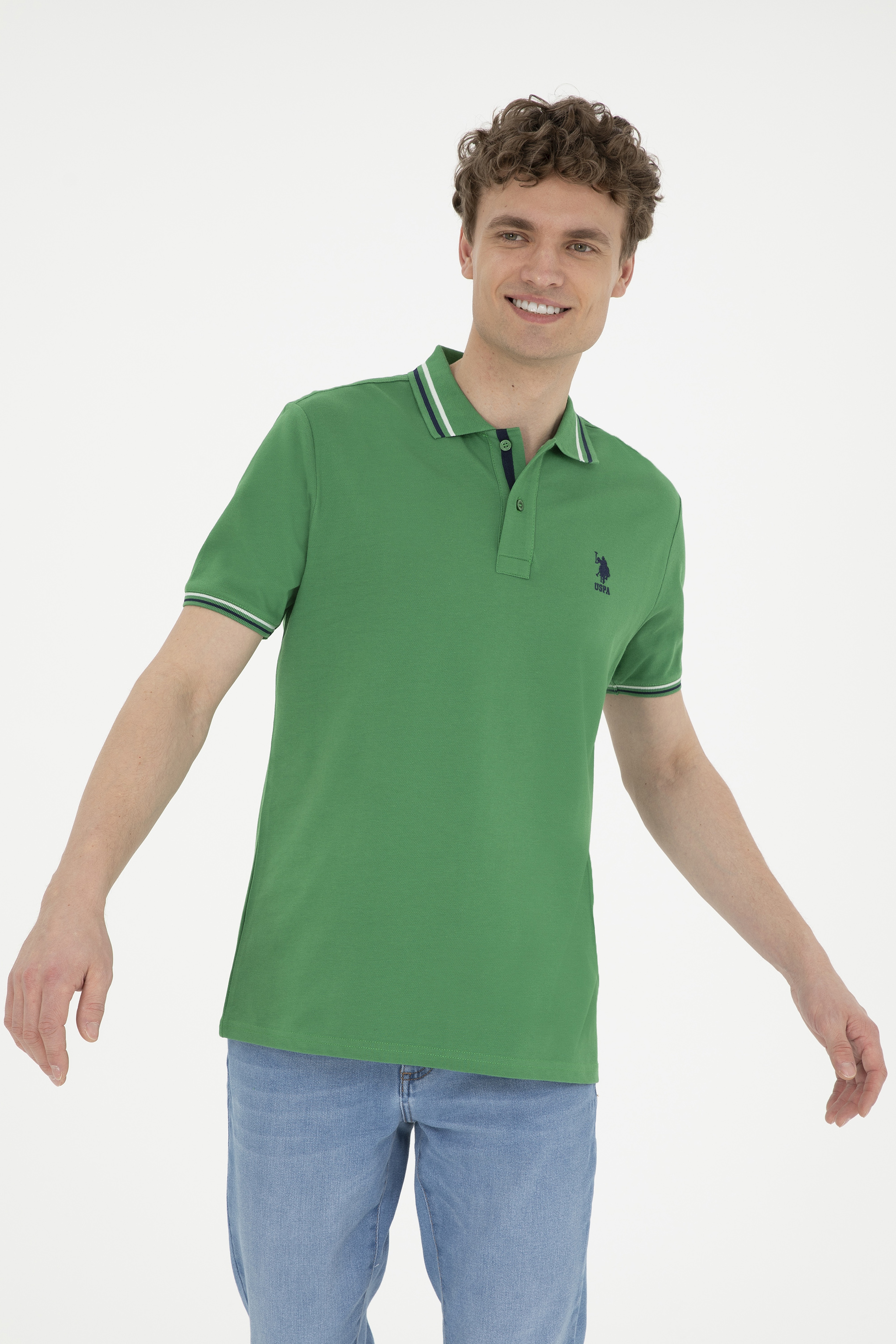 Erkek Regular Fit Polo Yaka Yeşil Basic Tişört - Image 1