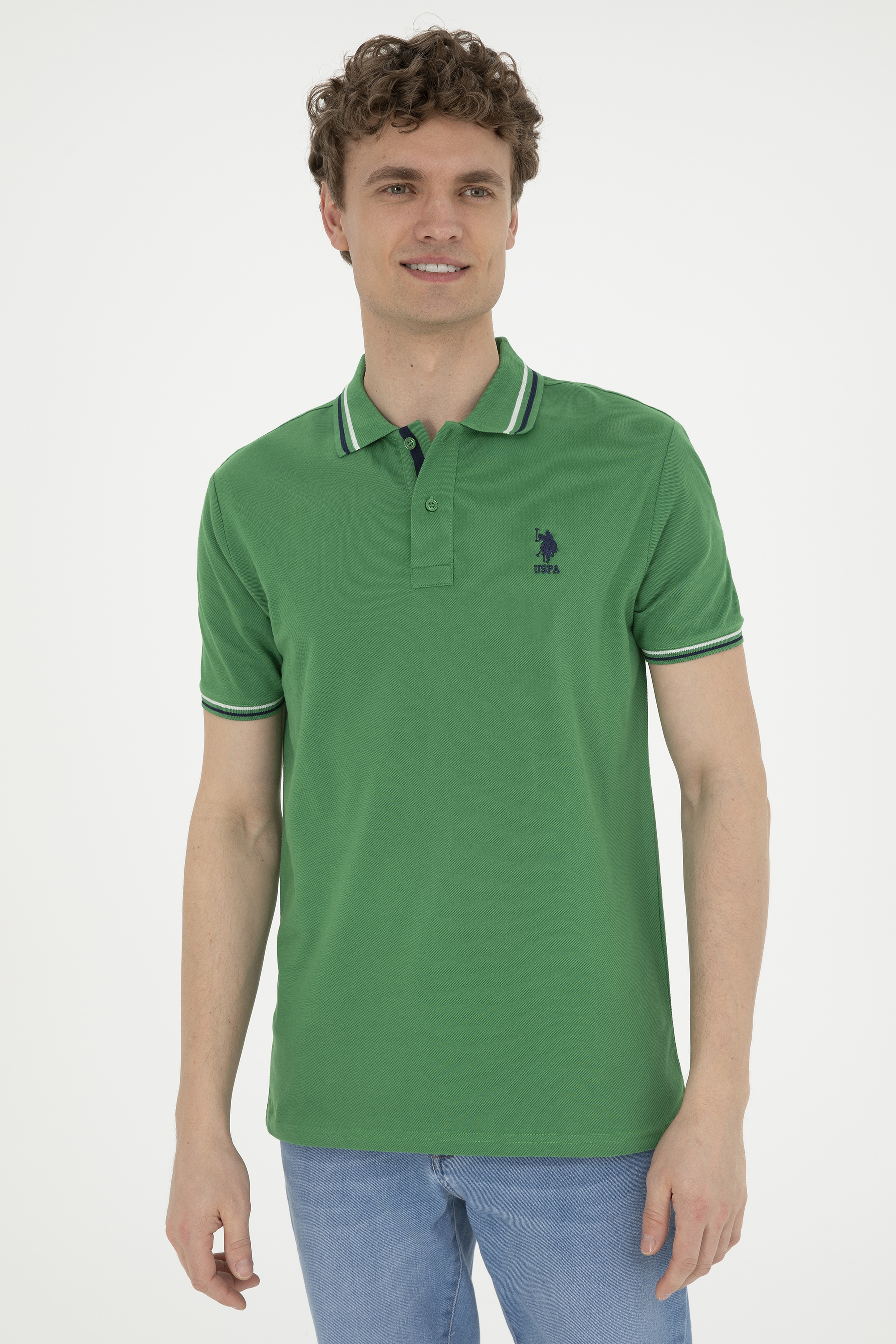 Erkek Regular Fit Polo Yaka Yeşil Basic Tişört - Image 3