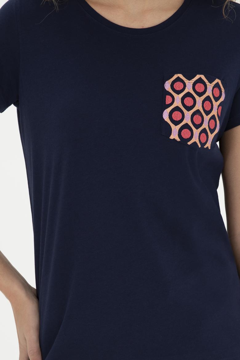Kadın Lacivert Bisiklet Yaka Tişört - 50285856005
