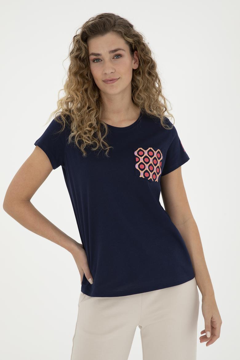 Kadın Lacivert Bisiklet Yaka Tişört - 50285856005