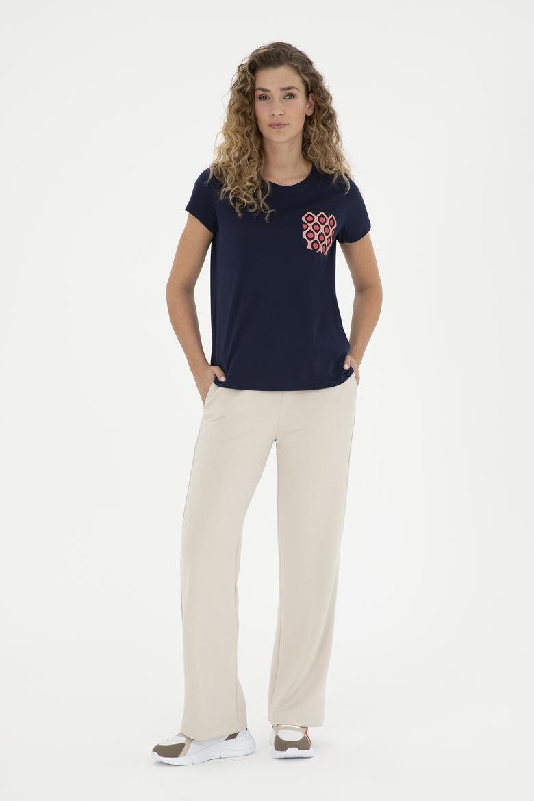 Kadın Lacivert Bisiklet Yaka Tişört - 50285856005