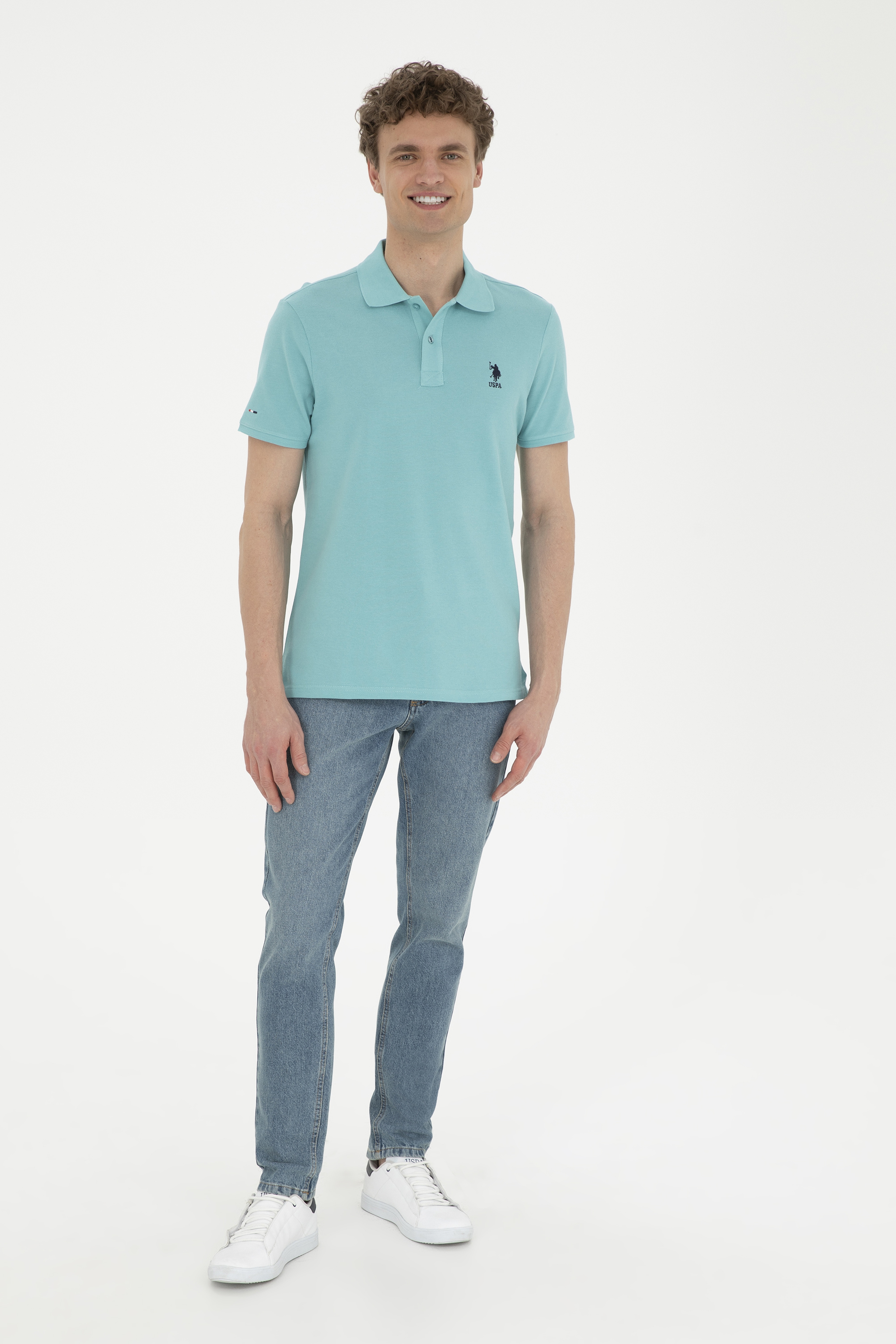 Erkek Slim Fit Polo Yaka Mint Basic Tişört - Image 4