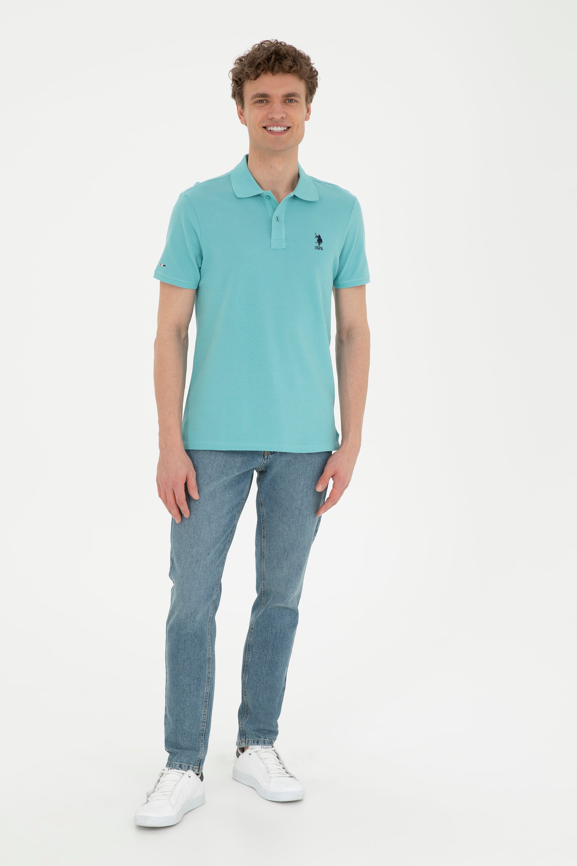 Erkek Slim Fit Polo Yaka Mint Basic Tişört