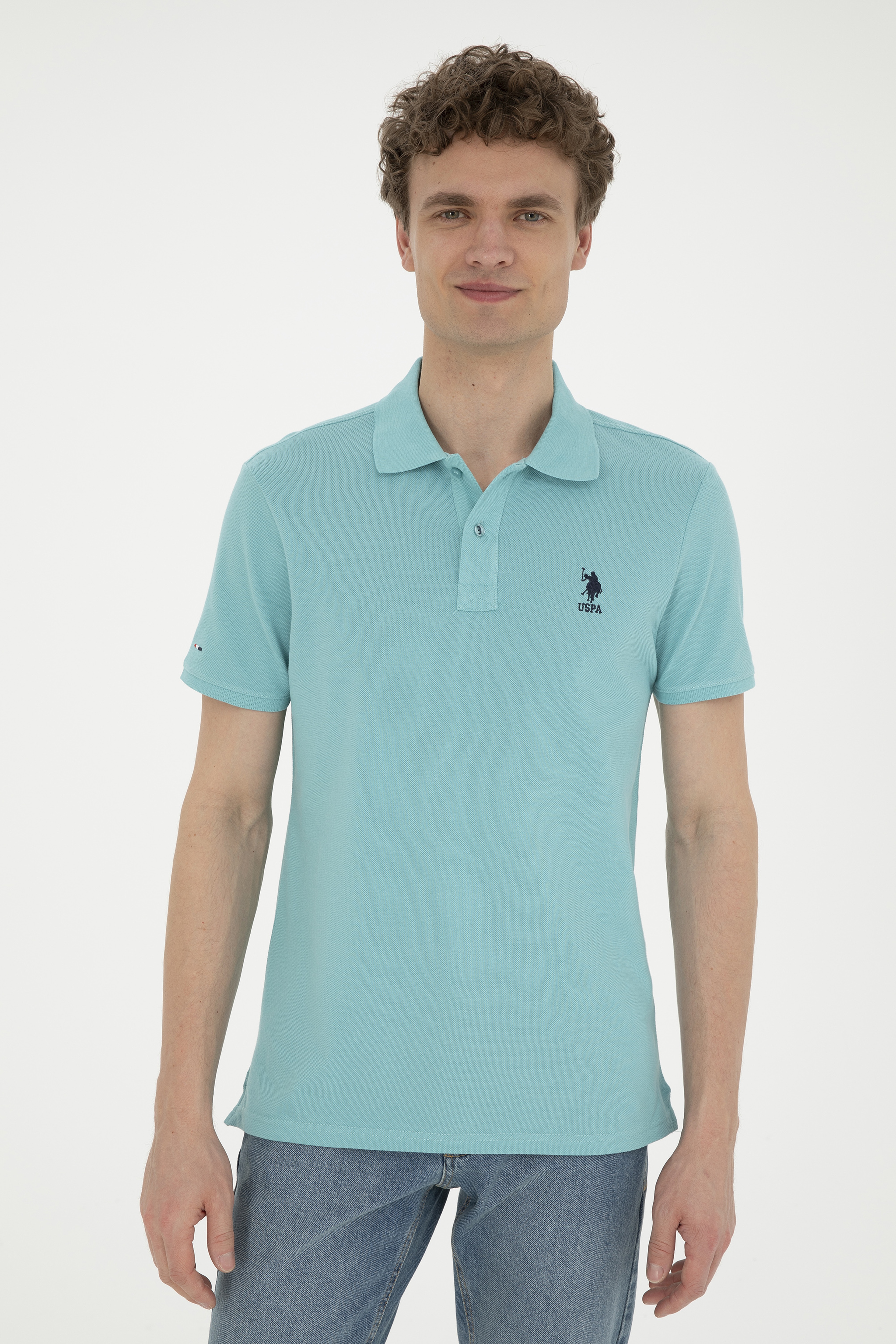 Erkek Slim Fit Polo Yaka Mint Basic Tişört - Image 3