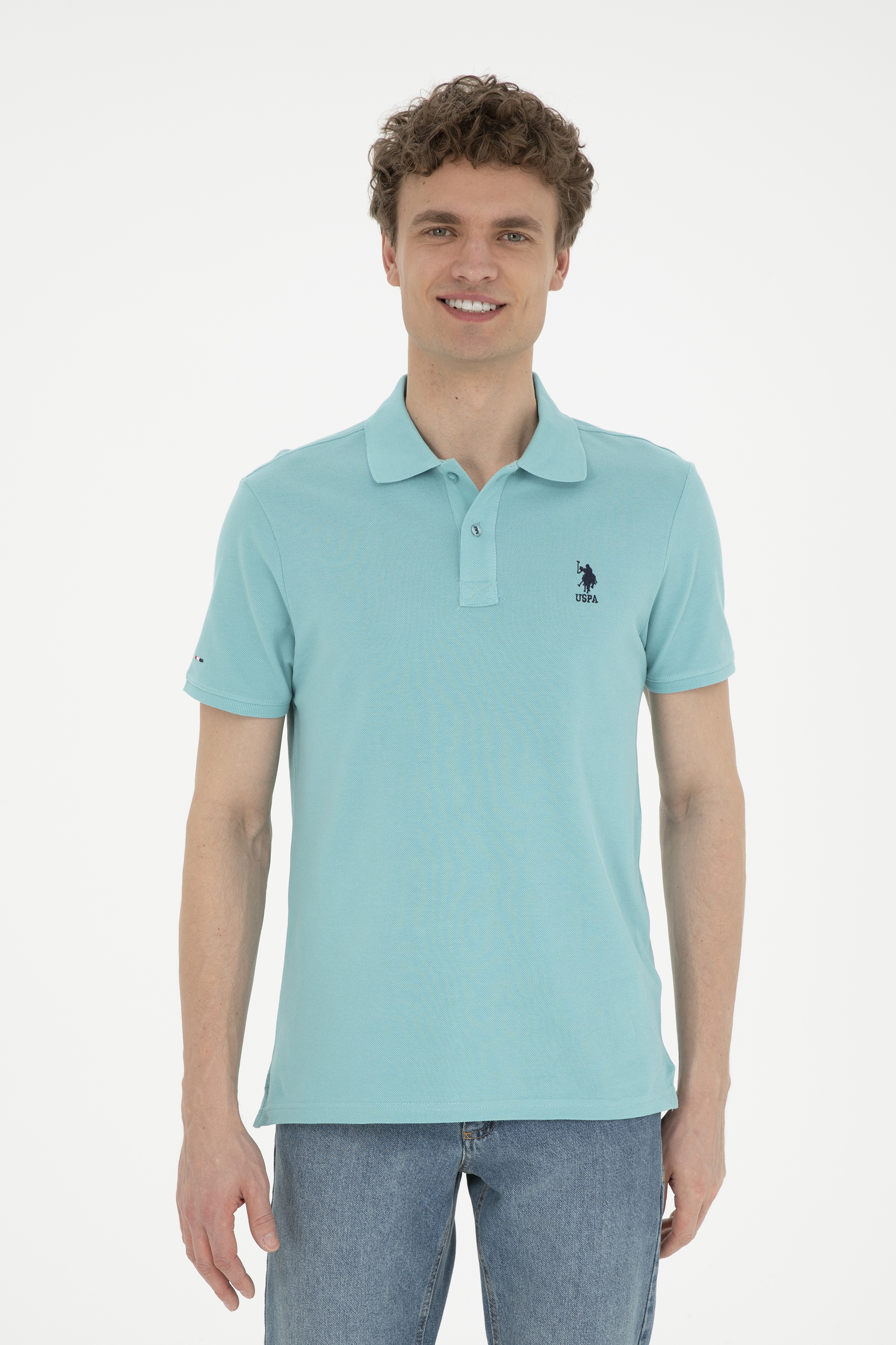 Erkek Slim Fit Polo Yaka Mint Basic Tişört - Image 1