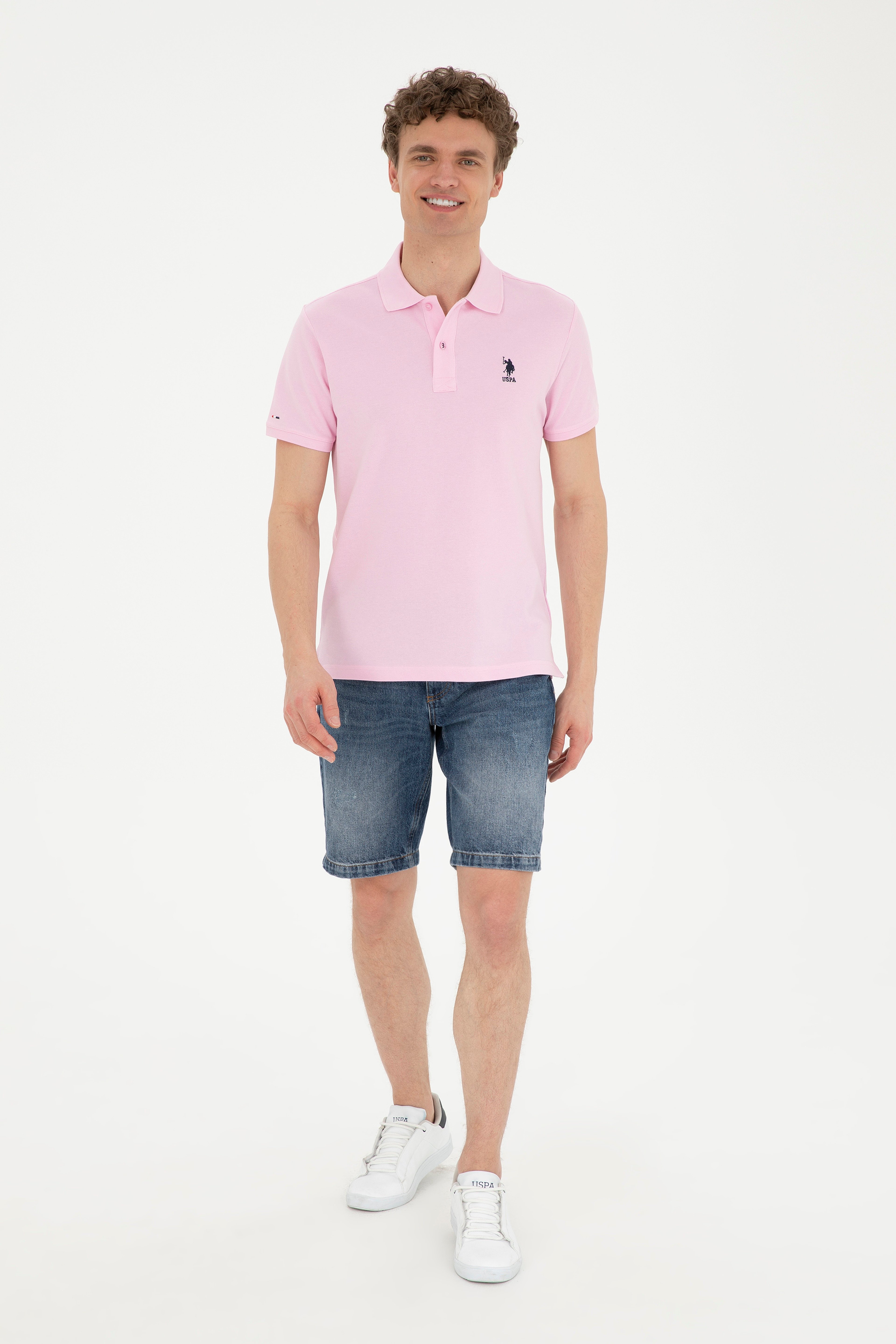 Erkek Slim Fit Polo Yaka Pembe Basic Tişört - Image 4