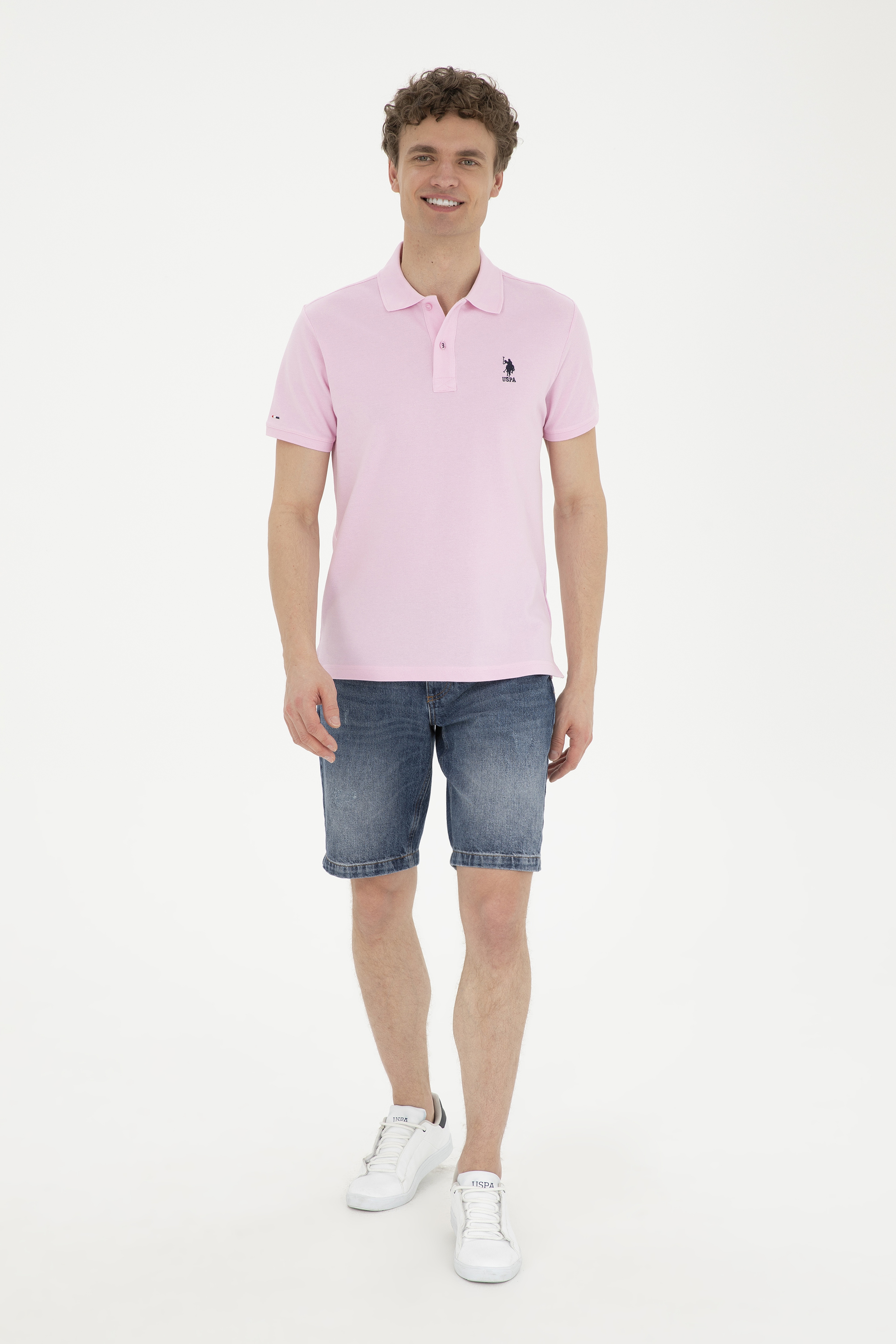 Erkek Slim Fit Polo Yaka Pembe Basic Tişört