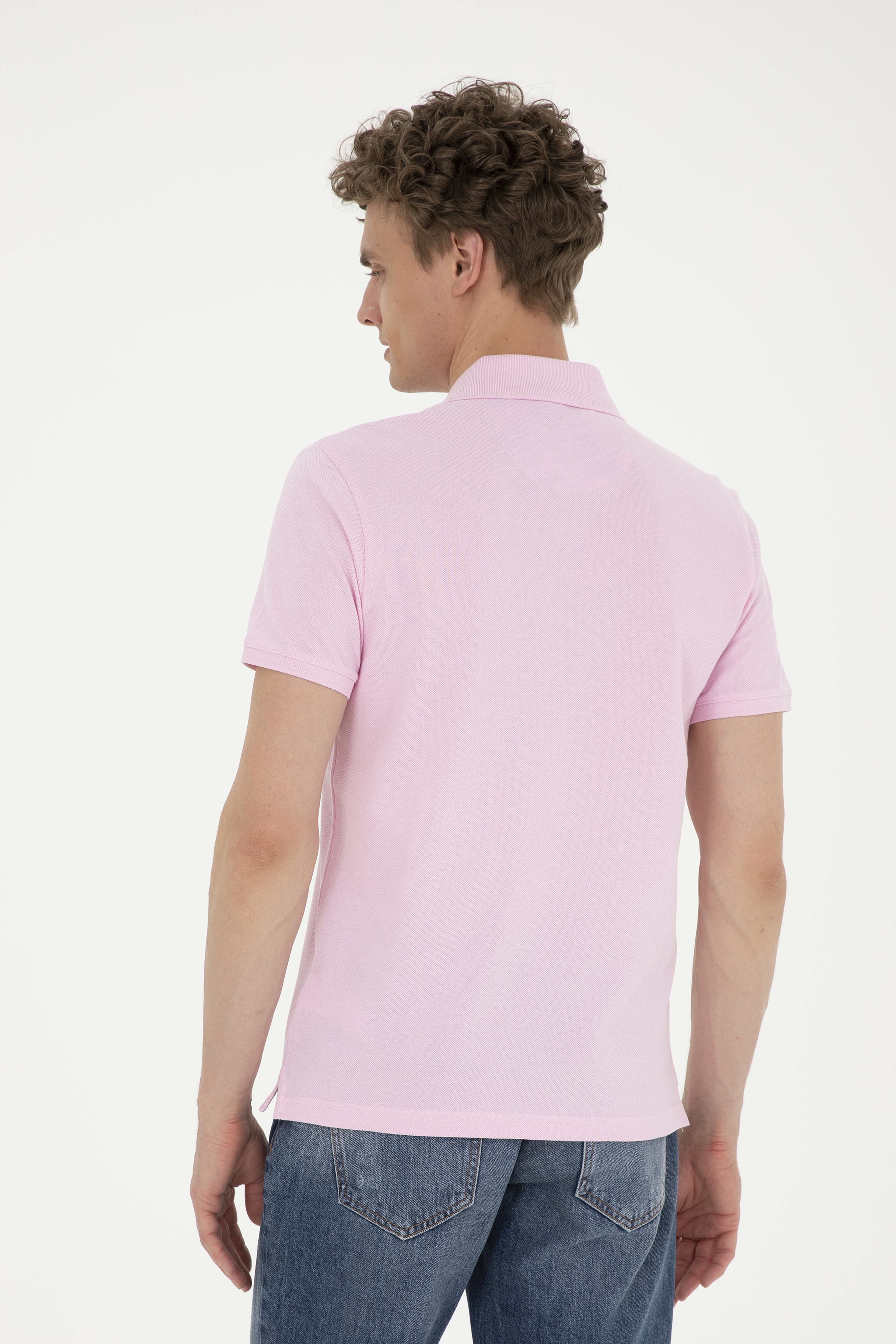 Erkek Slim Fit Polo Yaka Pembe Basic Tişört - Image 5