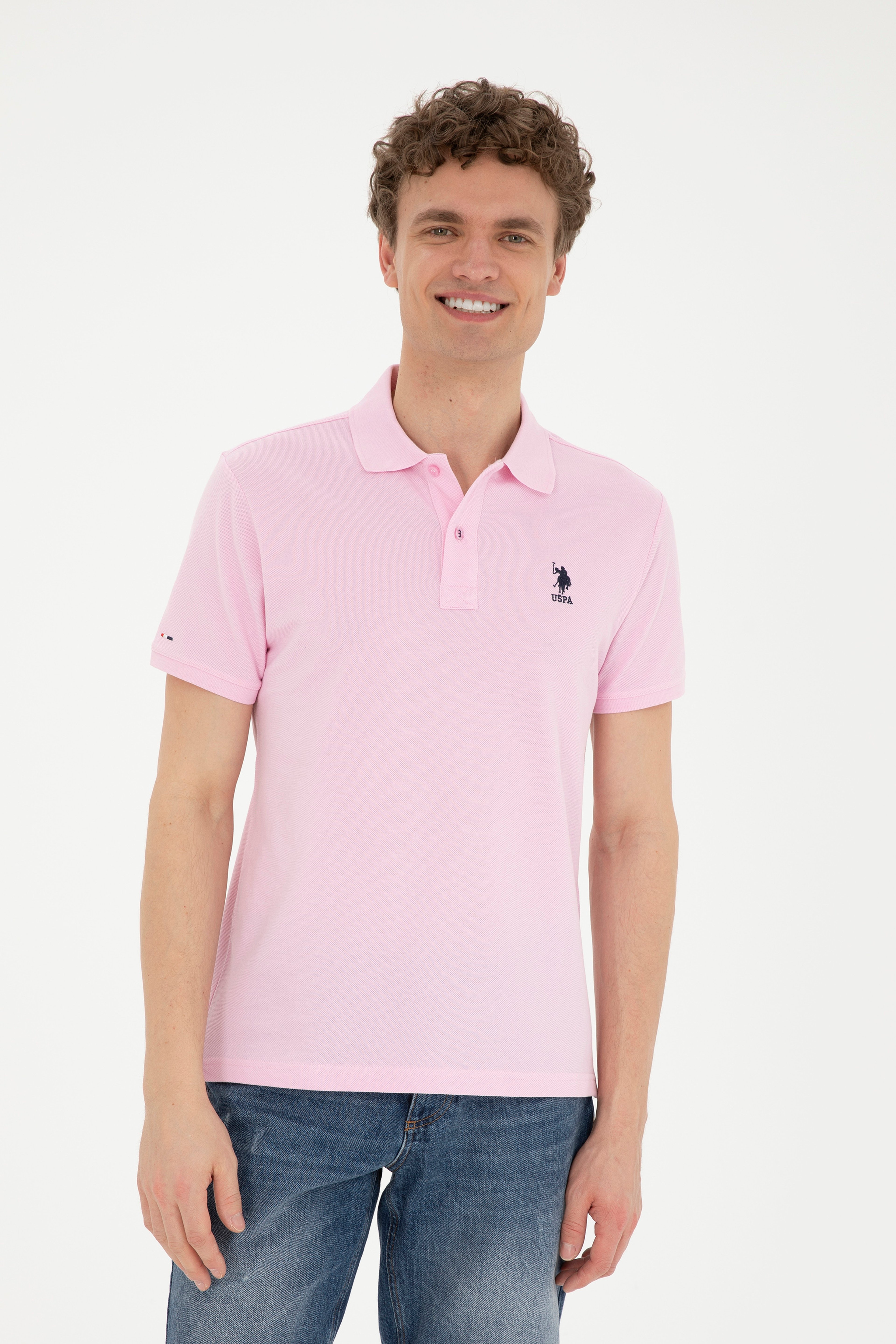 Erkek Slim Fit Polo Yaka Pembe Basic Tişört - Image 1