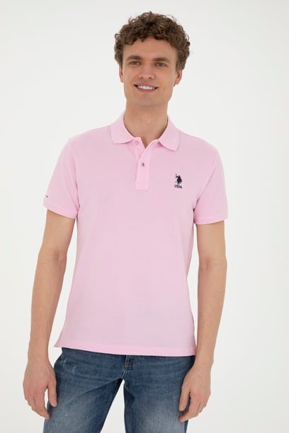 Erkek Slim Fit Polo Yaka Pembe Basic Tişört