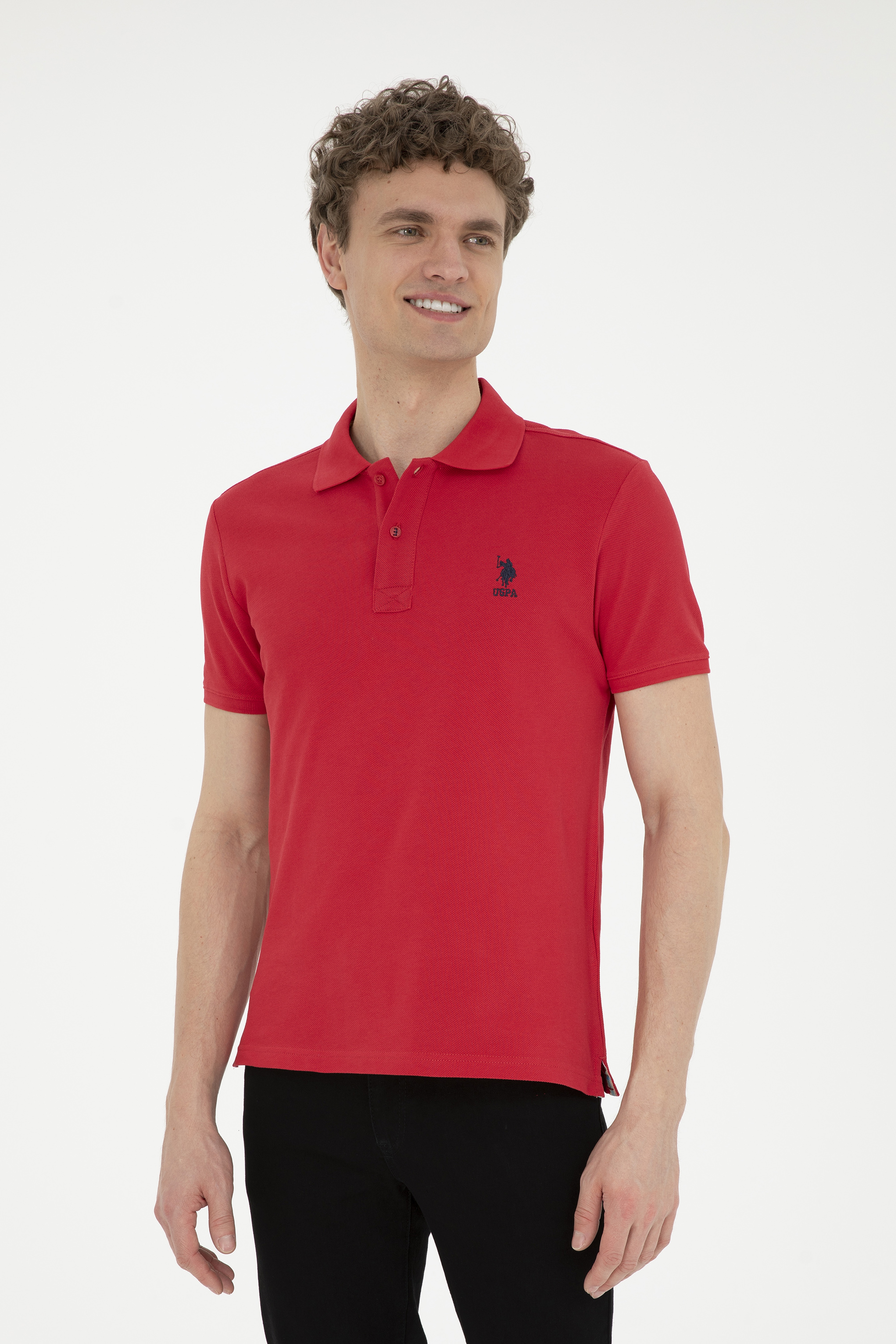 Erkek Slim Fit Polo Yaka Kırmızı Basic Tişört - Image 1