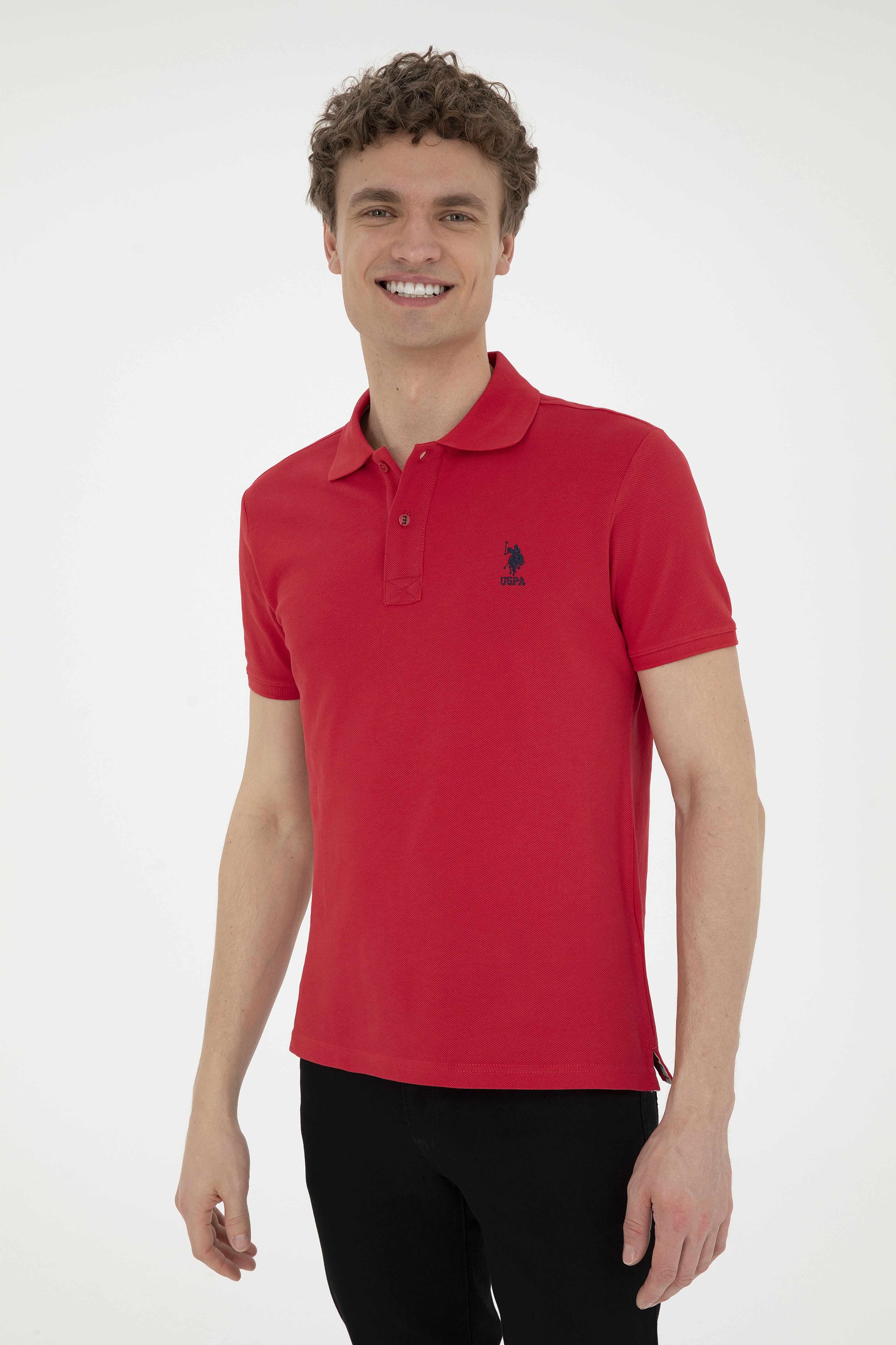Erkek Slim Fit Polo Yaka Kırmızı Basic Tişört - Image 3