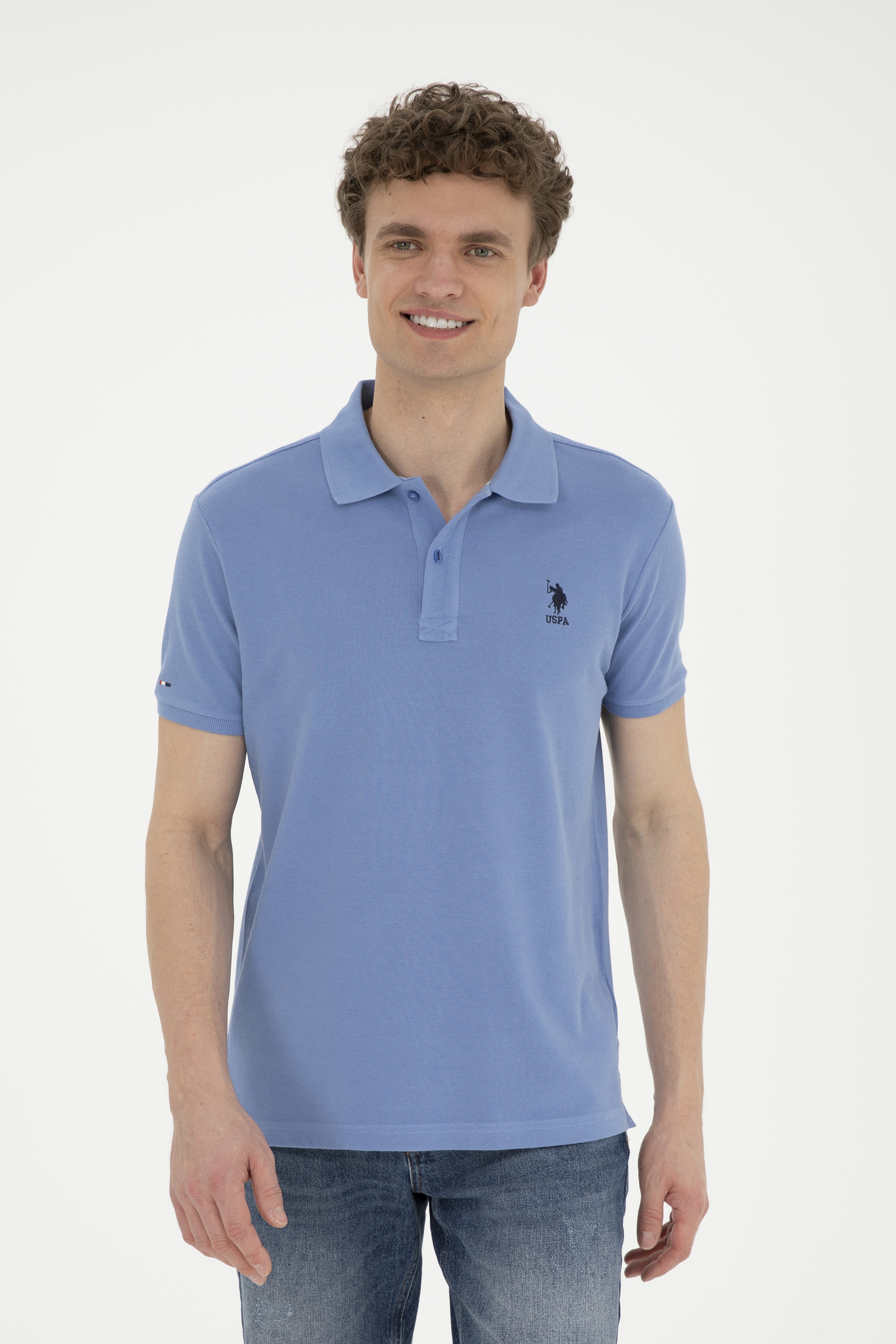 Erkek Slim Fit Polo Yaka Koyu Mavi Basic Tişört - Image 1