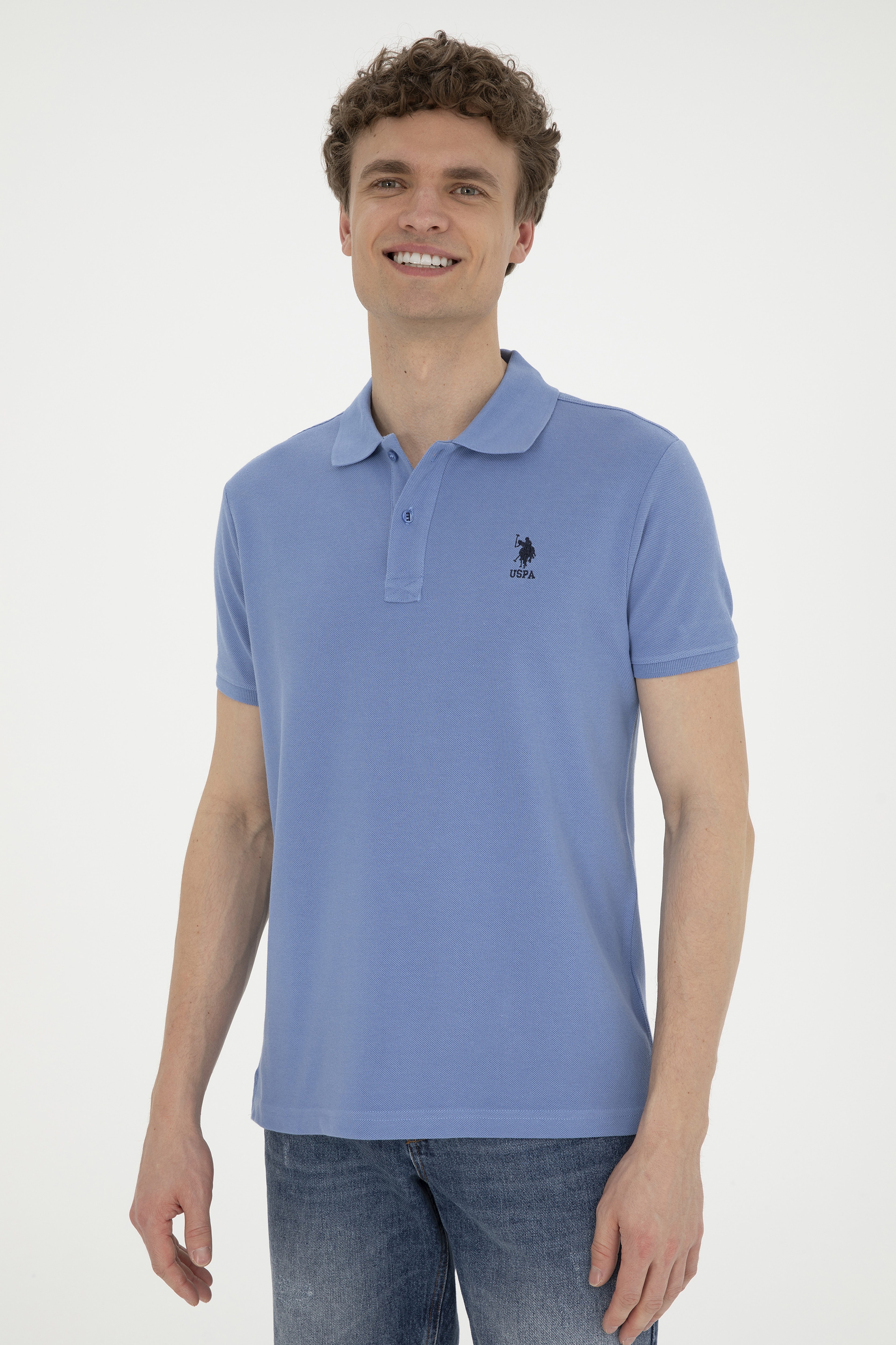 Erkek Slim Fit Polo Yaka Koyu Mavi Basic Tişört
