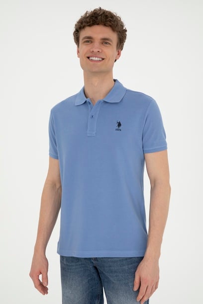 Erkek Slim Fit Polo Yaka Koyu Mavi Basic Tişört
