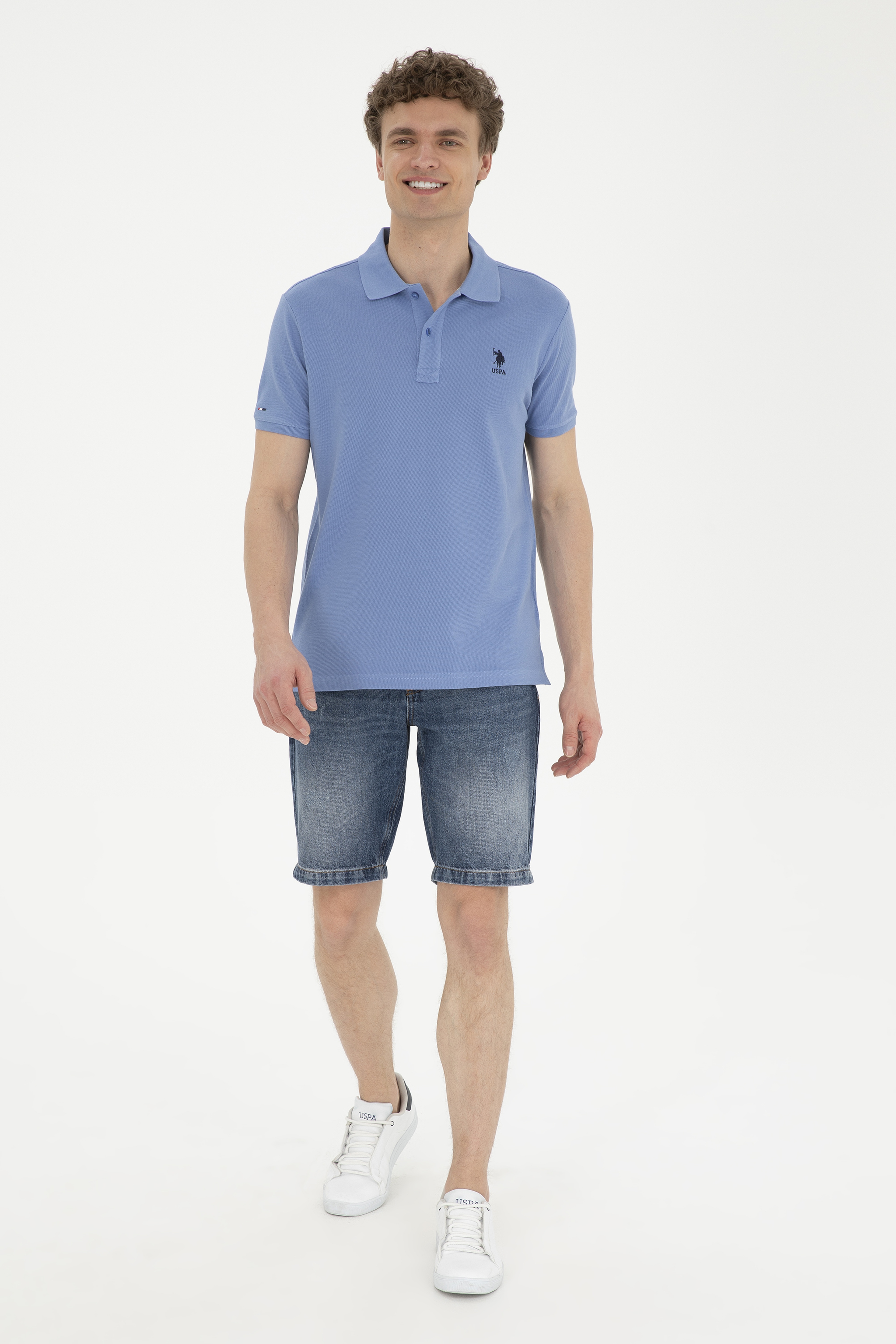 Erkek Slim Fit Polo Yaka Koyu Mavi Basic Tişört - Image 4