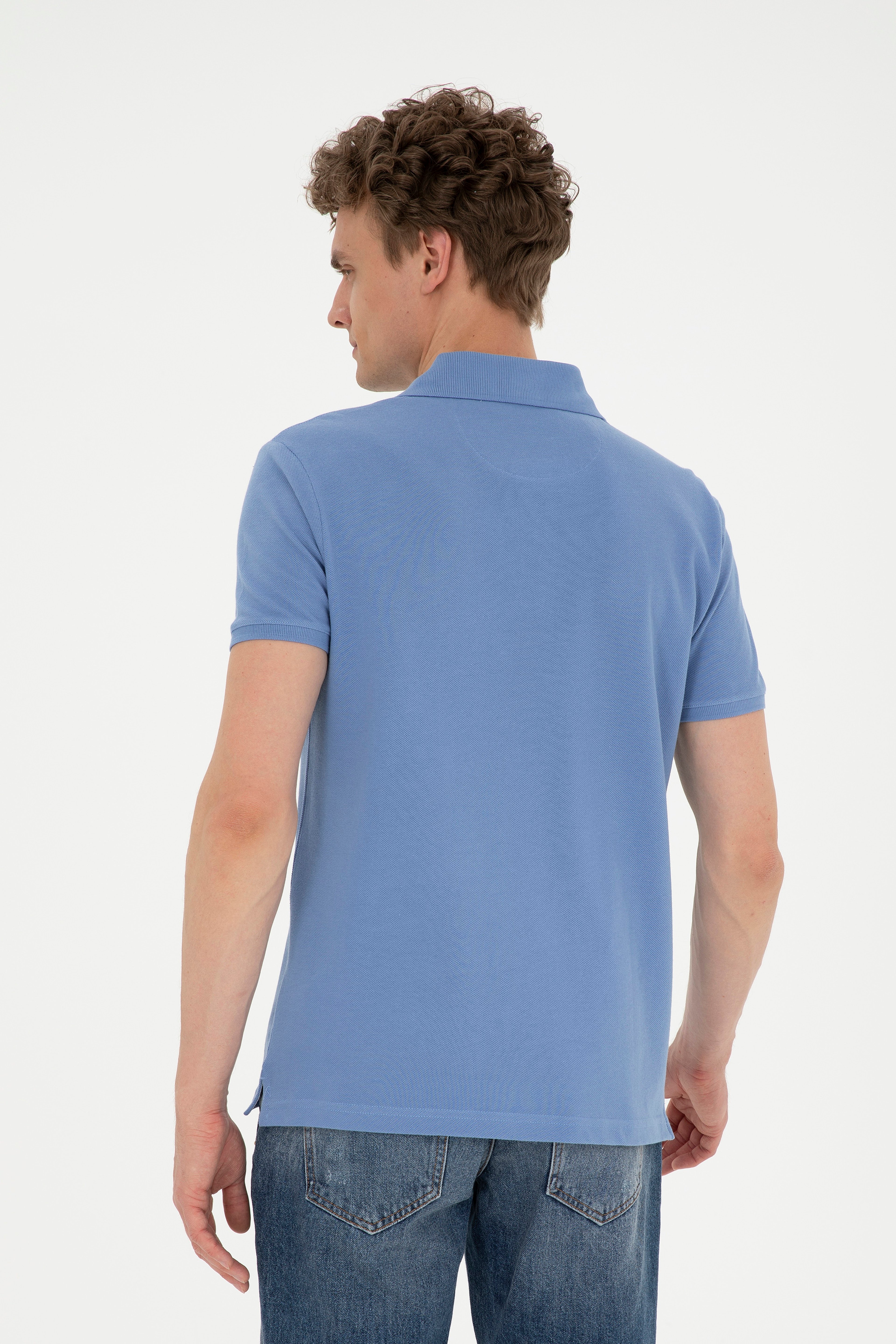 Erkek Slim Fit Polo Yaka Koyu Mavi Basic Tişört - Image 5