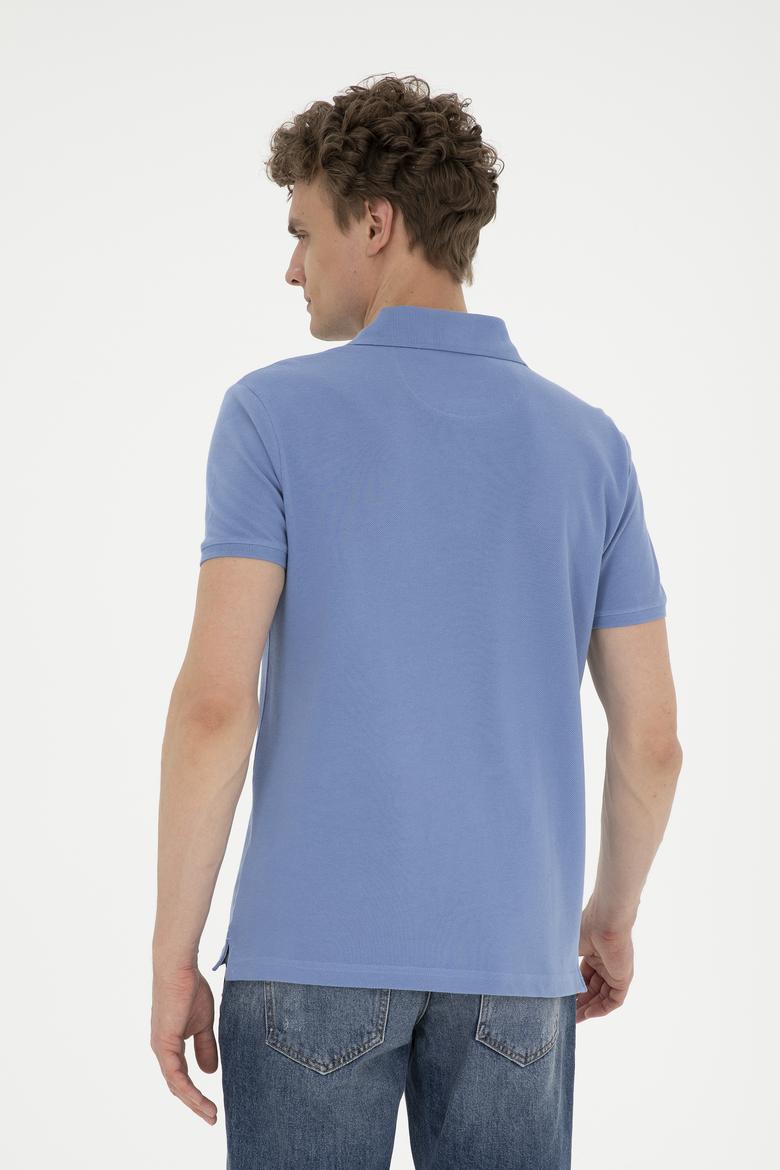 Erkek Slim Fit Polo Yaka Koyu Mavi Basic Tişört - 50289344119