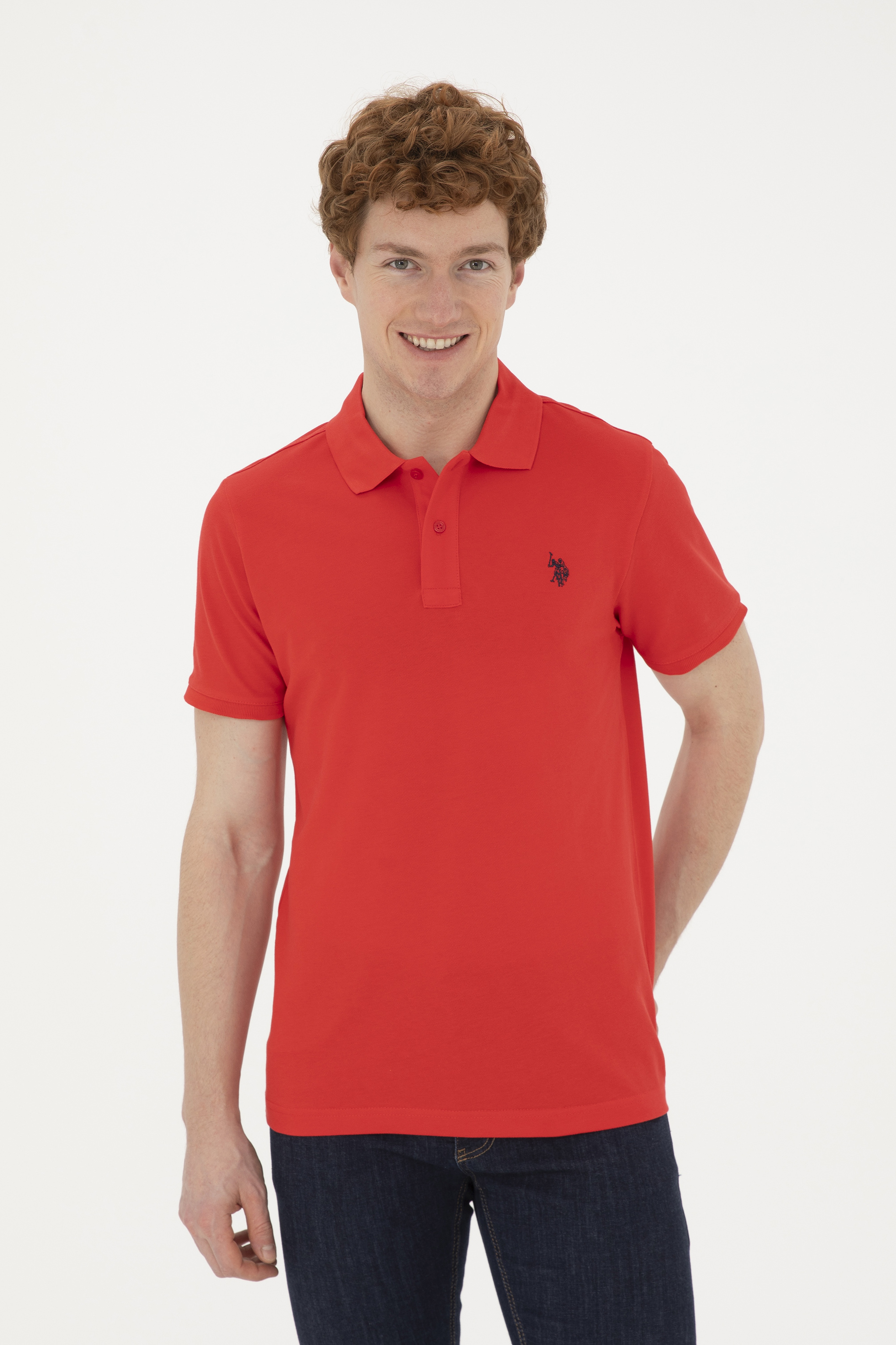 Erkek Slim Fit Polo Yaka Kırmızı Basic Tişört - Image 1