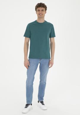 Erkek Regular Fit Bisiklet Yaka Koyu Yeşil Basic Tişört - 50284618217