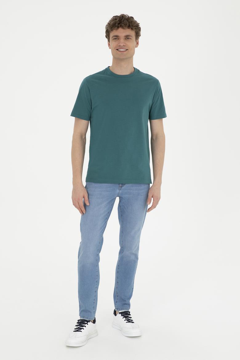 Erkek Regular Fit Bisiklet Yaka Koyu Yeşil Basic Tişört - 50284618217