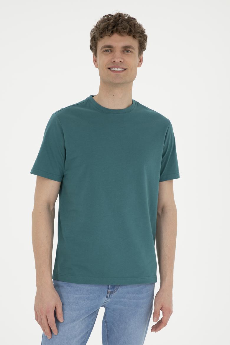 Erkek Regular Fit Bisiklet Yaka Koyu Yeşil Basic Tişört - 50284618217